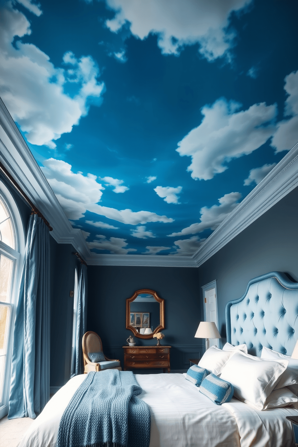 A serene blue bedroom filled with elegance and charm. The ceiling features an intricate azure mural that mimics the open sky, decorated with soft clouds to create a calming, airy ambiance. The walls are painted in a muted slate blue, with velvet curtains in a slightly darker shade framing large windows. A plush, tufted headboard in a dusty blue anchors the bed, which is dressed in crisp white linens and layered with textured blue throw blankets.