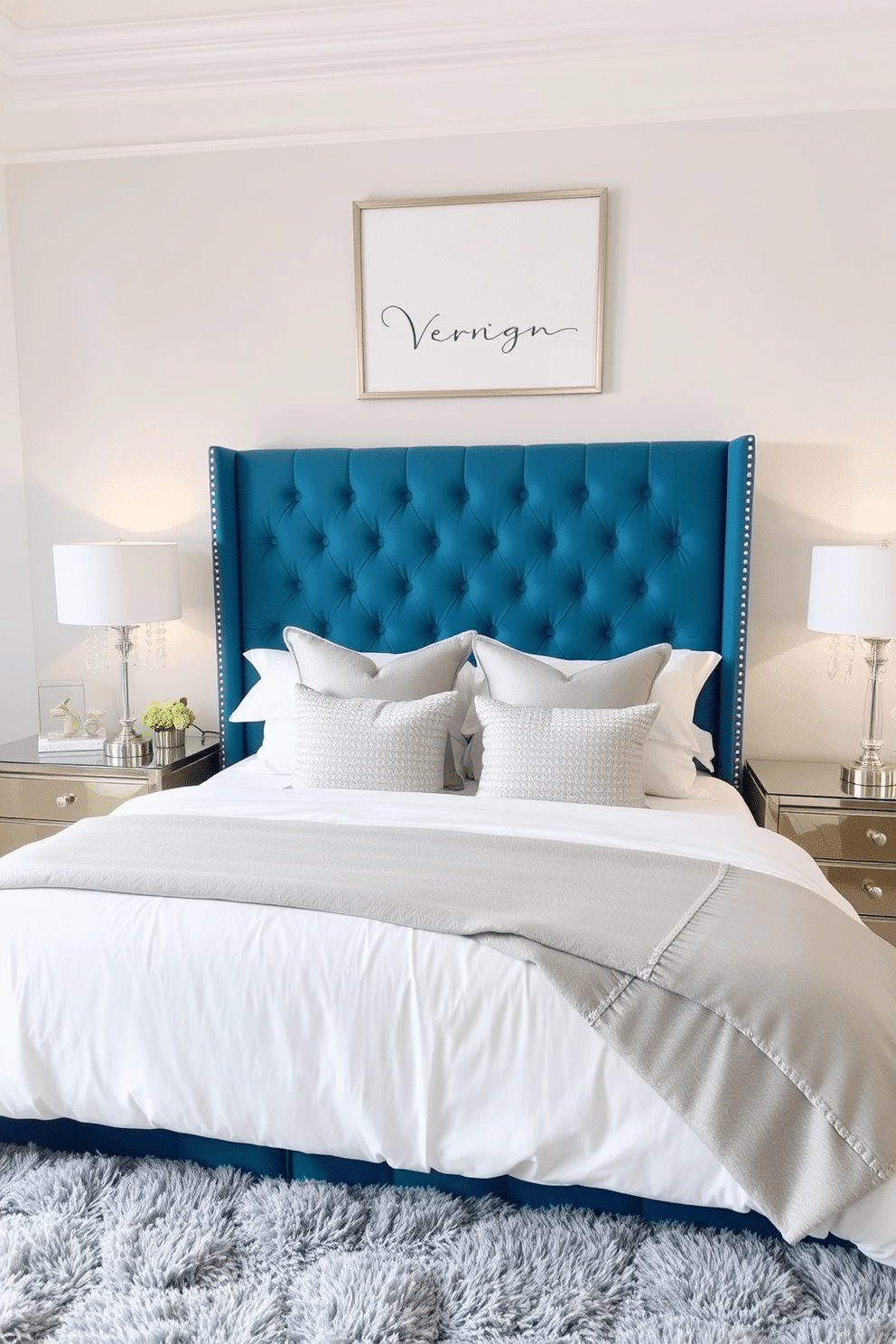 A serene bedroom featuring a stunning teal blue tufted headboard as the focal point, paired with crisp white bedding and textured throw pillows in soft silver and gray tones. Flanking the bed are two nightstands adorned with elegant crystal lamps, casting a warm and inviting glow across the room. The walls are painted in a soft, neutral hue, allowing the bold headboard to stand out beautifully. A plush gray area rug anchors the space, while a delicate piece of abstract art hangs above the bed, completing the refined and tranquil atmosphere.