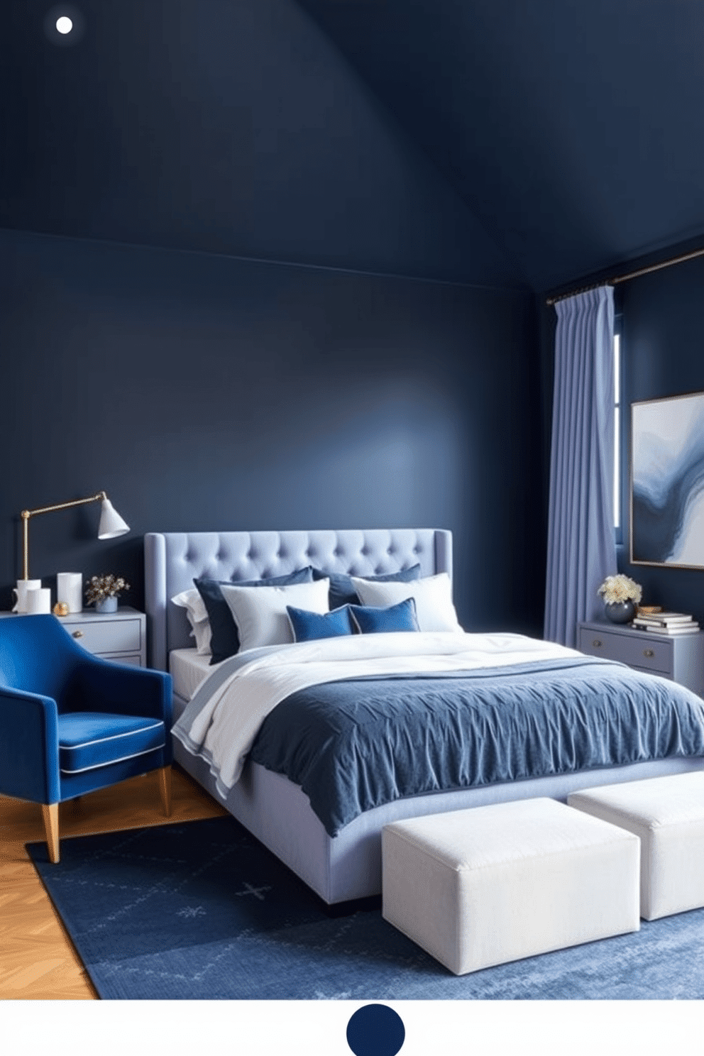 A serene bedroom featuring a layered blue color palette that transitions effortlessly from deep navy to soft periwinkle. Against the backdrop of painted navy walls, a plush periwinkle upholstered headboard anchors the bed, adorned with layered bedding in various blue shades and textured throw pillows. A navy area rug with subtle patterns grounds the room, contrasting gently with lighter periwinkle curtains that frame large windows. Complementing the palette, the room includes a deep blue armchair, a sleek gray nightstand with gold accents, and modern artwork showcasing gradient shades of blue.