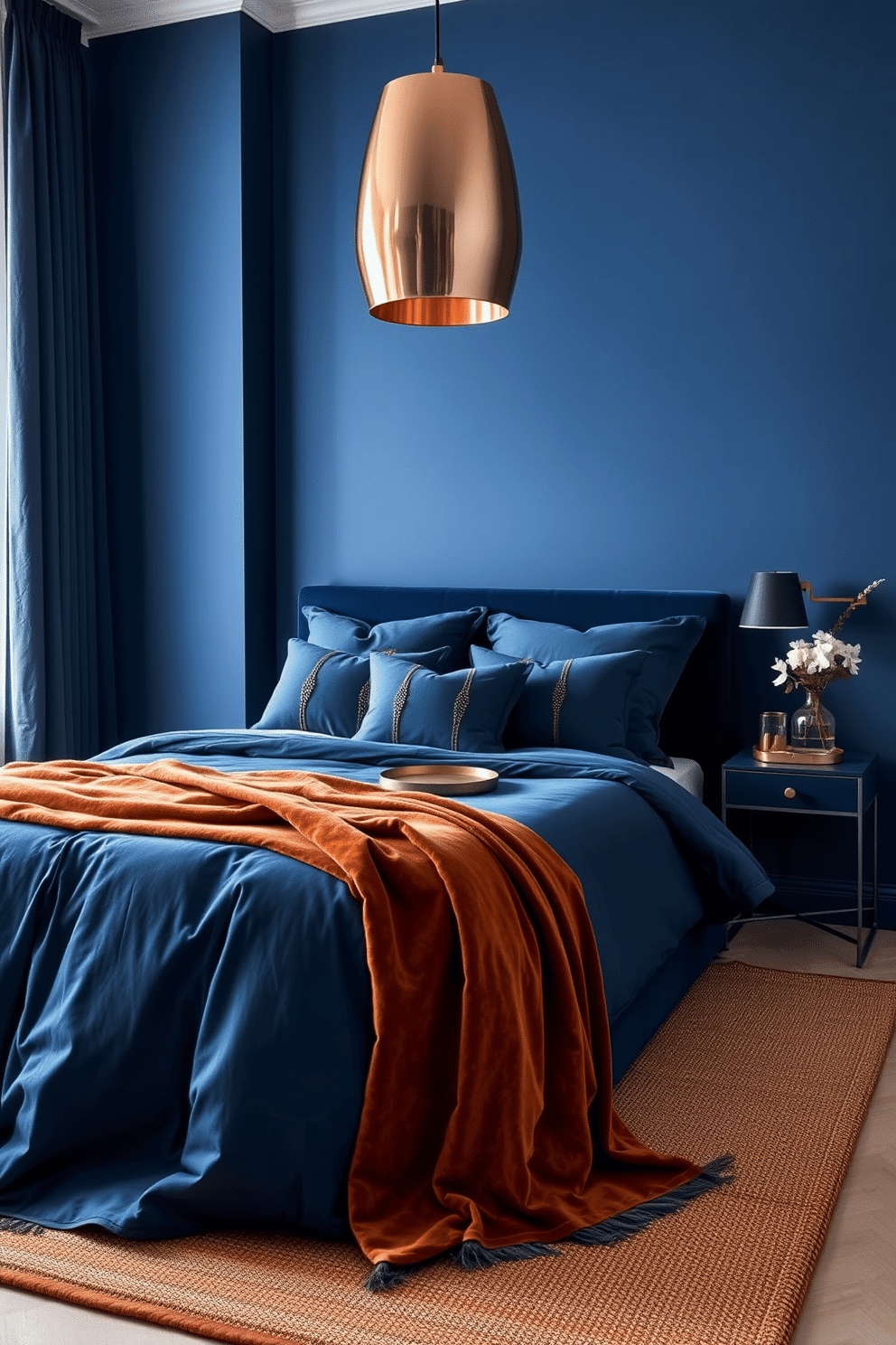 A luxurious bedroom draped in rich ultramarine hues. The walls are painted a deep ultramarine blue, while plush bedding in matching tones is accented with copper-threaded throw pillows and a velvet copper blanket at the foot of the bed. A modern copper pendant light hangs above a minimalist ultramarine bedside table adorned with a small copper tray and a vase of white flowers. The room features floor-to-ceiling curtains in a darker shade of blue, and a handwoven copper-toned rug lies beneath a sleek platform bed.