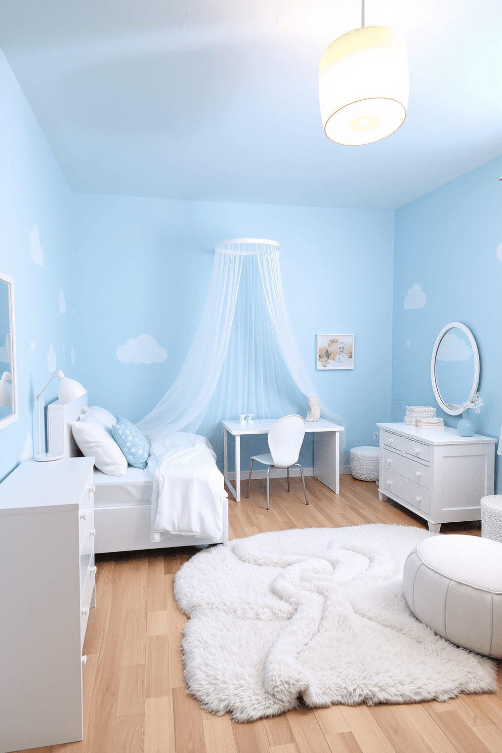 A dreamy bedroom adorned in a whimsical robin's egg blue color palette, with soft cloud decals scattered across the walls, creating an ethereal, serene vibe. The bed features white linens with pale blue accent pillows, while a light sheer canopy gracefully drapes from the ceiling, adding to the airy ambiance. Matching white furniture, including a sleek desk and a bedside table, contrasts beautifully with the soft hues of the room. To complete the look, a plush area rug in delicate pastel tones anchors the space alongside a modern pendant light with a frosted glass finish, evoking the glow of a cloudy sky.