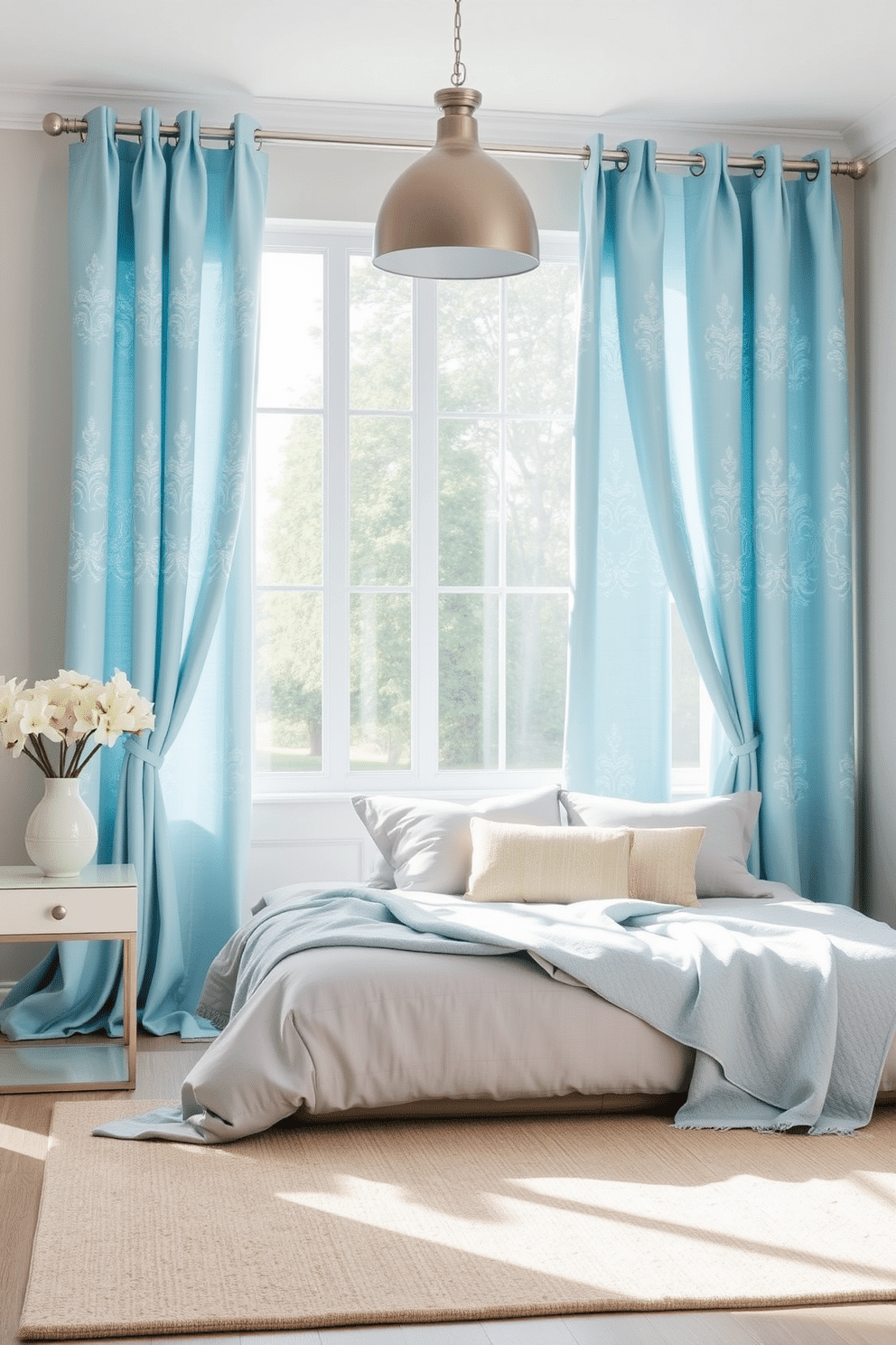 A serene bedroom adorned with sky blue curtains featuring delicate silver embroidery that shimmer under the soft sunlight streaming through the windows. The curtains frame a large glass window, complementing a plush bed adorned with light gray linens and a pale blue throw blanket. The room boasts a soft neutral palette with light-painted walls and a cozy beige rug underfoot, creating a calming and cohesive atmosphere. A silver pendant light hangs gracefully above a sleek nightstand topped with a ceramic vase of fresh white flowers, adding elegance to the tranquil space.