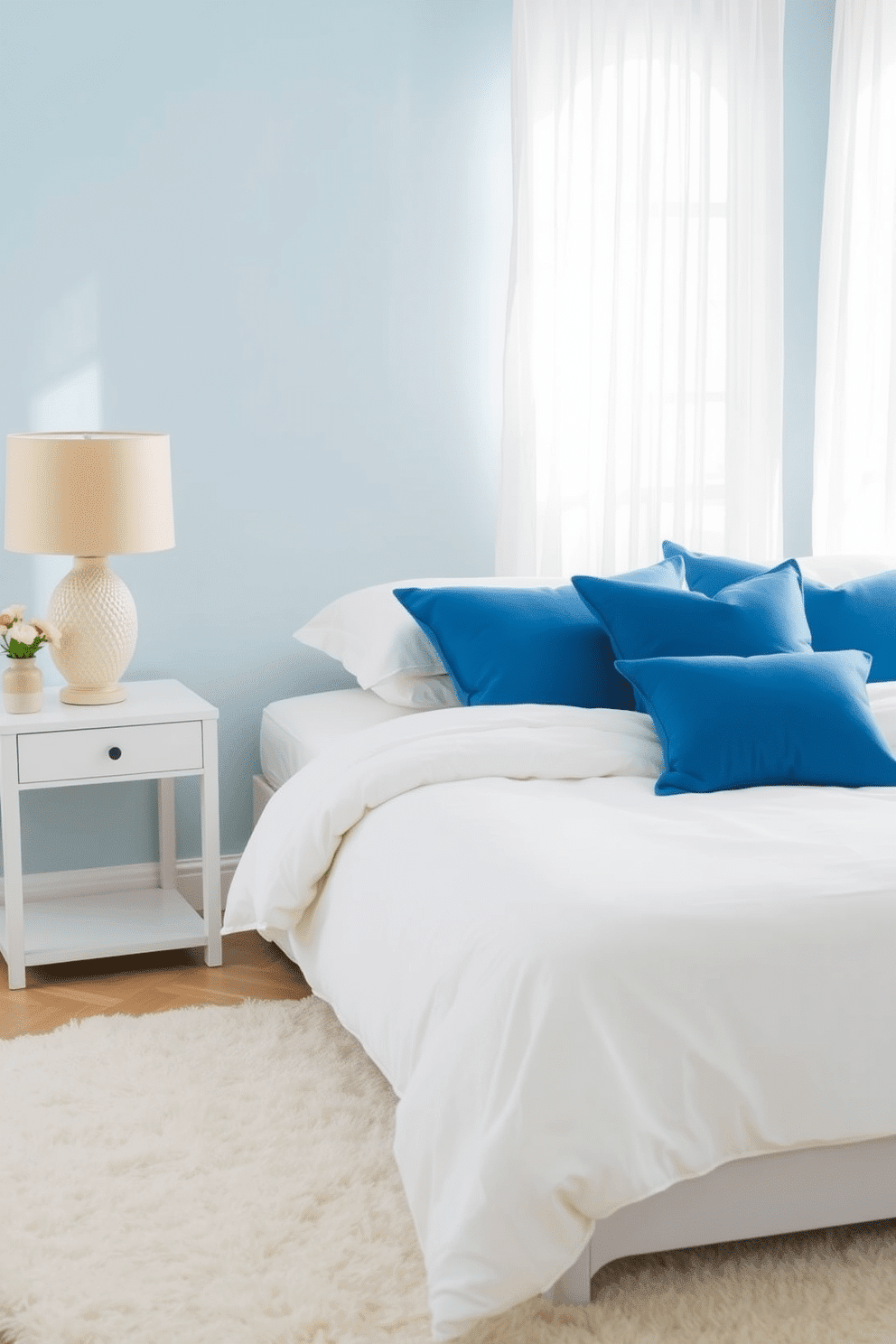 A serene bedroom with cerulean scatter cushions arranged on a bed layered with crisp cream linens. The walls are painted in a soft blue hue that complements the textiles, while sheer white curtains allow natural light to softly illuminate the room. A sleek white nightstand with a textured beige lamp sits beside the bed, adorned with a small ceramic vase of fresh flowers. The floor is covered with a plush off-white rug, tying together the tranquil, airy atmosphere of the space.