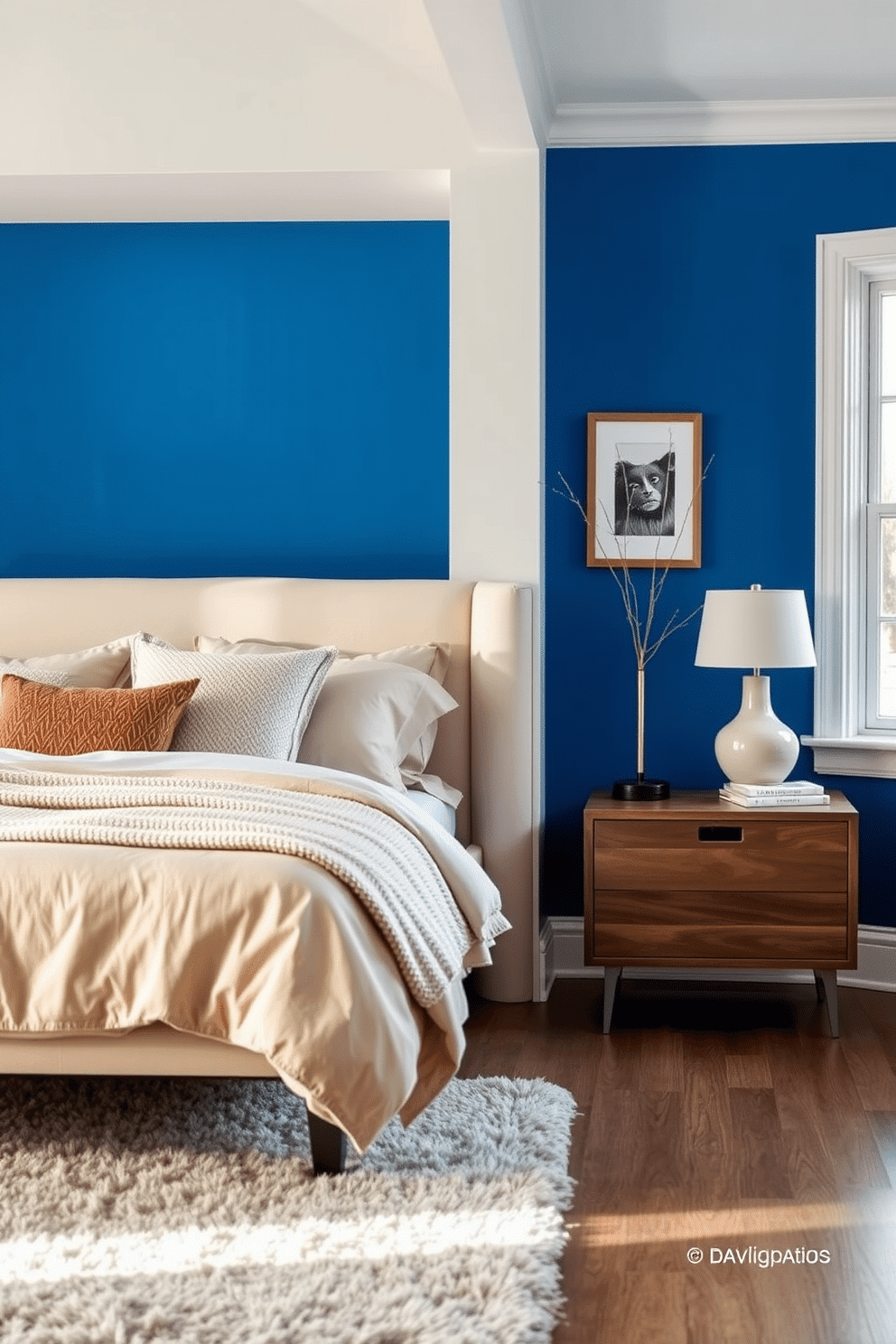 A cozy bedroom with a bold and vibrant blue accent wall serving as the focal point, creating a striking contrast against neutral-toned furnishings. Soft beige bedding is layered with textured throw blankets and pillows, complementing a sleek cream-colored headboard. A modern wooden bedside table with a minimalist lamp adds warmth, while a plush gray area rug grounds the space. Natural light streams through large windows, highlighting the room’s calming balance of bold color and soothing neutrals.