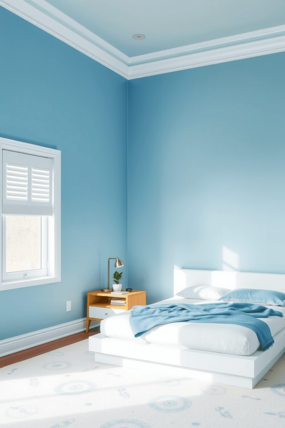 A serene bedroom space bathed in ocean blue tones. The walls are painted in a calming sea-blue shade, contrasted by a crisp white ceiling and trim. Minimalistic furniture pieces, including a sleek white platform bed with a soft blue throw, define the room. A single modern wood nightstand with a slim reading lamp and a small potted plant adds subtle texture and warmth.