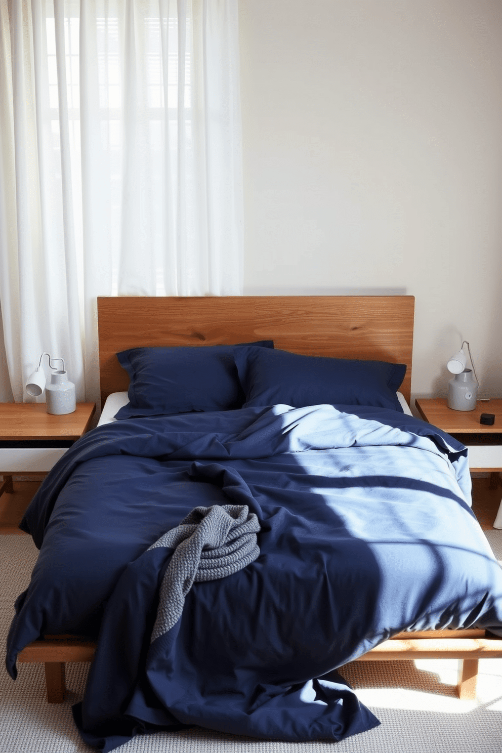 A serene bedroom retreat with indigo bedsheets neatly spread over a plush mattress, complemented by a sleek mid-century wooden headboard. Soft, natural light filters in through sheer white curtains, casting a calm ambiance over the space. The deep blue of the bedsheets contrasts perfectly against neutral wall tones, creating a balanced and refined look. Minimalistic nightstands on either side of the bed hold small ceramic lamps, while a textured throw lies casually at the foot of the bed for added warmth.