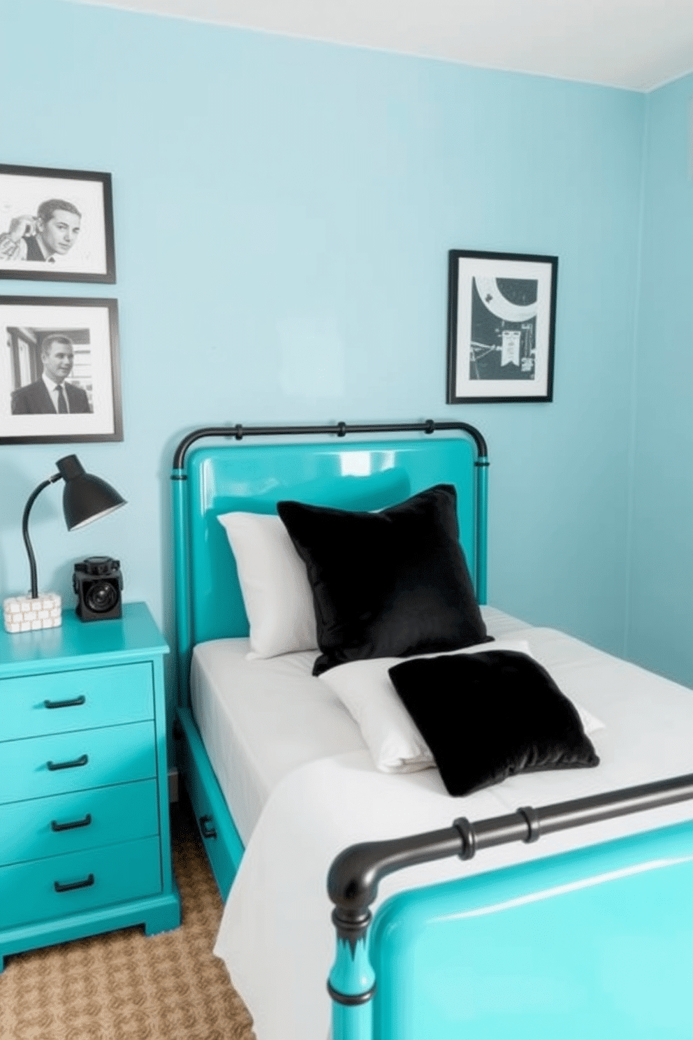 A charming bedroom with retro-inspired turquoise furniture that adds vibrancy and character. The bed frame and nightstands are painted in a glossy turquoise finish, perfectly contrasted by black metal hardware and sleek lines. The walls are painted a soft blue hue, creating a calm and cohesive background that enhances the turquoise tones. Black-framed artwork and black velvet throw pillows add a bold contrast, tying the retro aesthetic together with a modern touch.