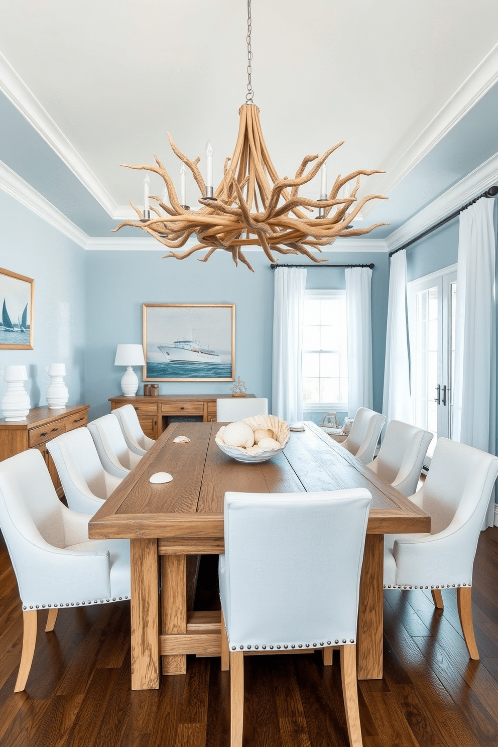 A serene coastal dining room featuring a large wooden table with a weathered finish, surrounded by white upholstered chairs. The walls are painted in a soft blue hue, while white accents, such as a large seashell centerpiece and nautical-themed artwork, complete the theme. The room is illuminated by a statement chandelier made of driftwood, casting a warm glow across the space. Large windows allow natural light to flood in, with sheer white curtains that gently sway in the ocean breeze.
