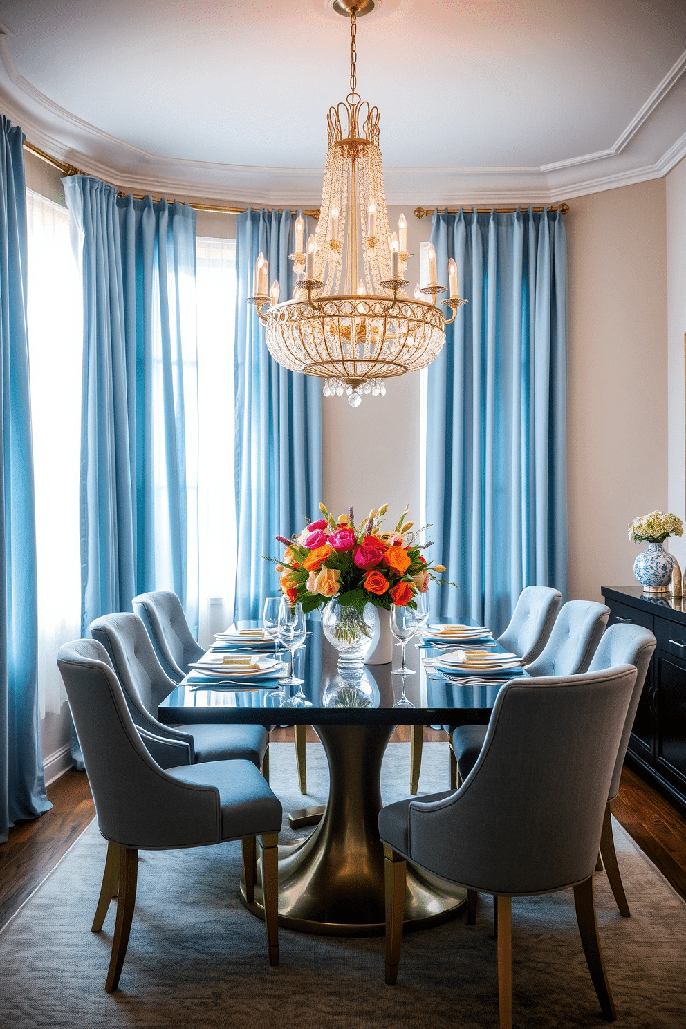 Soft blue curtains gently drape from a polished wooden rod, allowing natural light to filter through and create an airy atmosphere. The curtains complement a sophisticated blue dining room featuring a sleek, modern table surrounded by elegant upholstered chairs, all set against a backdrop of light gray walls. A stunning chandelier hangs above the table, casting a warm glow over the space and enhancing the inviting ambiance. Accents of gold in the tableware and decorative elements add a touch of luxury, while a vibrant centerpiece of fresh flowers brings life to the room.