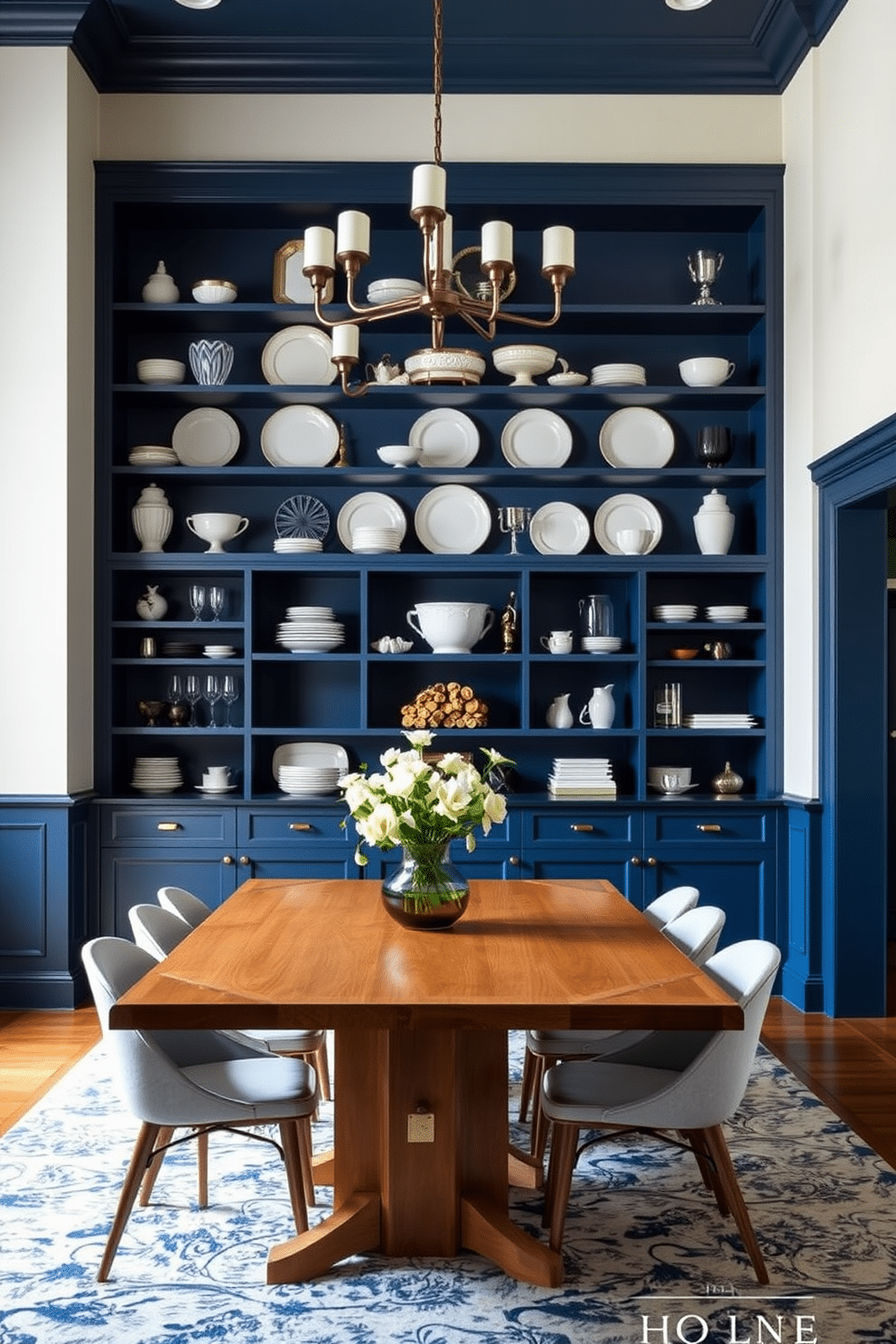 A striking dining room features deep blue cabinetry with open shelves that showcase an array of elegant dishware and decorative items. The walls are painted in a soft, complementary hue, and a large wooden table sits at the center, surrounded by stylish chairs that enhance the room's sophisticated ambiance.