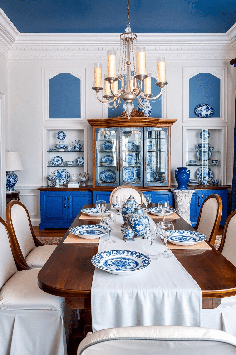 A stunning blue dining room featuring elegant china displayed in a glass-front cabinet. The walls are painted a soft white, complementing the rich blue accents in the decor and table settings. A large wooden dining table is set with a crisp white tablecloth, showcasing intricate blue china plates and delicate glassware. Overhead, a modern chandelier adds a touch of sophistication, illuminating the space with warm light.