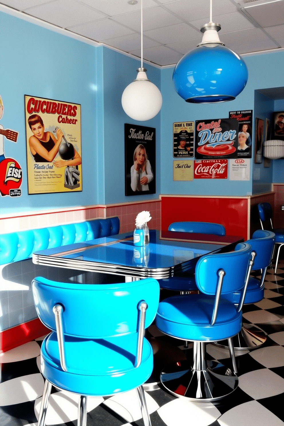 A retro blue diner-style dining set features a glossy blue table surrounded by matching vinyl chairs with chrome accents. The walls are adorned with vintage diner posters, and a checkerboard floor adds to the nostalgic ambiance.