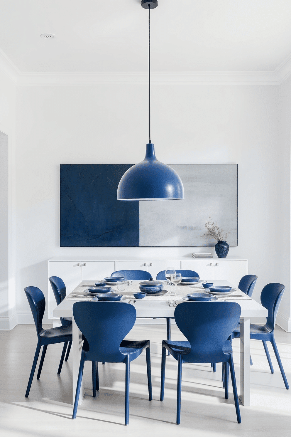 A serene dining room featuring minimalist decor with indigo accents. The walls are painted in a soft white, creating a bright backdrop for a sleek, modern dining table surrounded by elegant indigo chairs. A striking indigo pendant light hangs above the table, adding a focal point to the space. Subtle textures in the table setting, such as a linen tablecloth and ceramic dishware, enhance the minimalist aesthetic while maintaining a sophisticated vibe.
