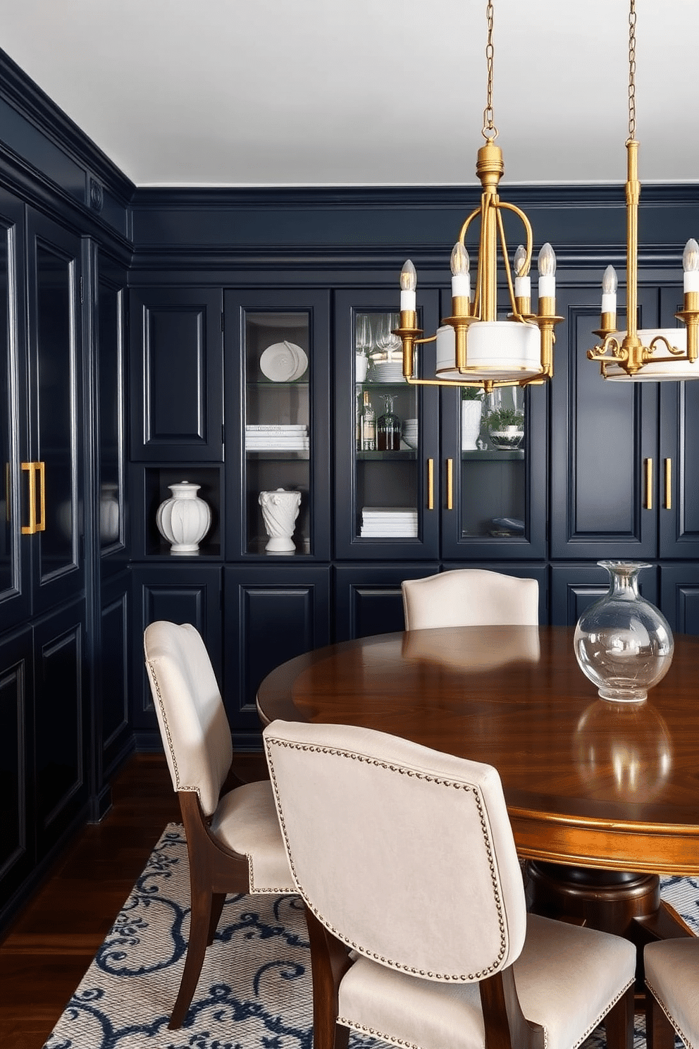 A rich navy dining room features an elegant wooden dining table surrounded by plush upholstered chairs with brass accents. The walls are painted in a deep navy hue, complemented by brass hardware on the cabinetry and light fixtures, creating a luxurious ambiance.