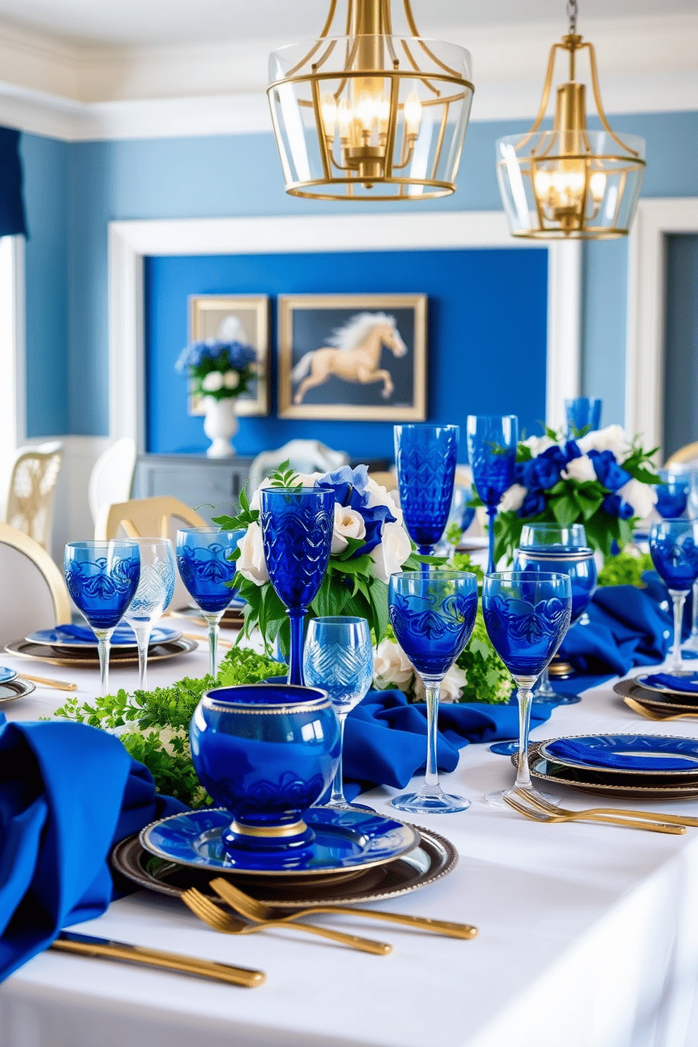 Cobalt blue table settings create an elegant atmosphere, featuring intricately designed dinnerware and shimmering glassware. The table is adorned with a crisp white tablecloth, accented by delicate gold cutlery and lush floral centerpieces. In the backdrop, the dining room is painted in a soft, neutral tone to enhance the vibrancy of the cobalt blue accents. Elegant pendant lights hang above, casting a warm glow over the beautifully set table, inviting guests to indulge in a sophisticated dining experience.