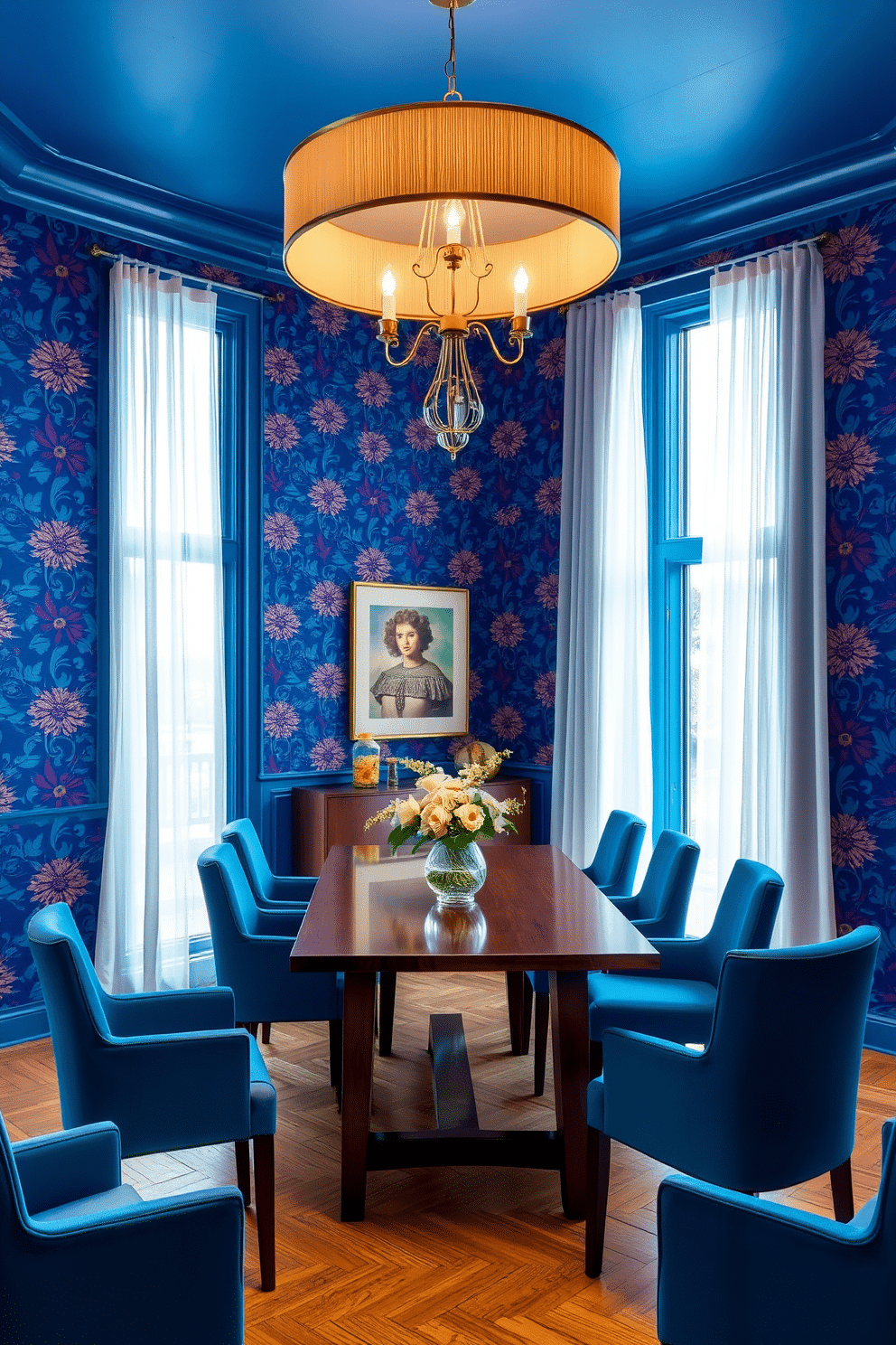 A striking blue dining room adorned with bold floral-patterned wallpaper that creates a vibrant backdrop. The room features a sleek wooden dining table surrounded by elegant upholstered chairs in a complementary shade of blue. A contemporary chandelier hangs above the table, casting a warm glow over the space. Large windows draped with sheer white curtains allow natural light to flood in, enhancing the room's inviting atmosphere.