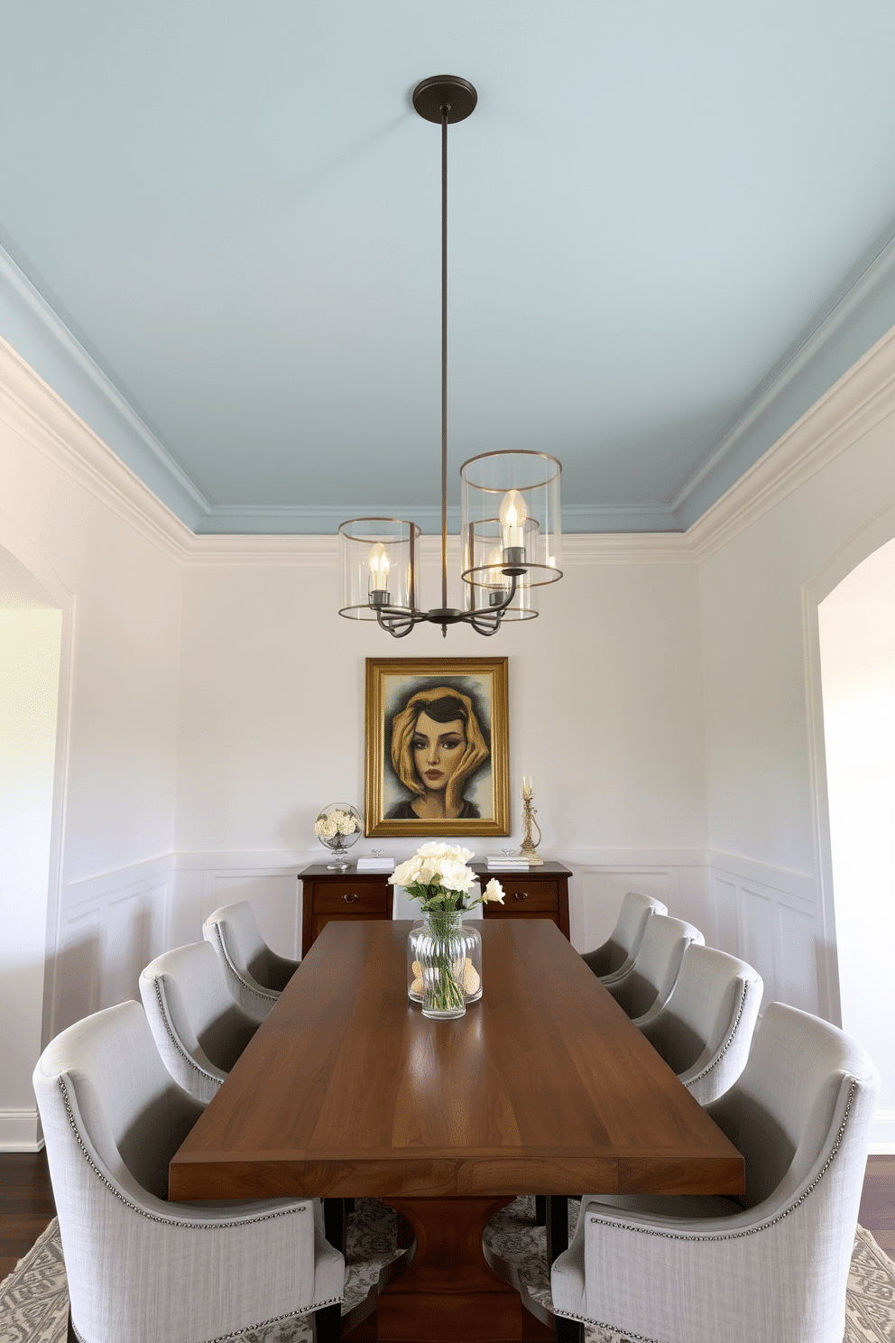 A serene dining room with a sky blue ceiling adorned with elegant pendant lights that create a warm ambiance. The walls are painted in a soft white, complementing the rich wooden dining table surrounded by plush upholstered chairs in a light gray fabric.