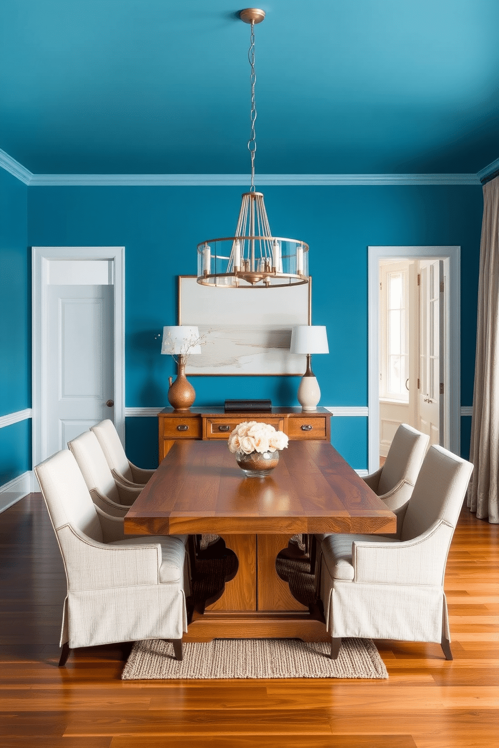 A serene dining room featuring cerulean blue walls that create a calming atmosphere. The space is complemented by natural wood tones in the dining table and chairs, adding warmth and texture. A large, rustic wooden dining table sits at the center, surrounded by upholstered chairs in a light fabric. Above the table, a statement chandelier with a modern design contrasts beautifully with the blue backdrop.