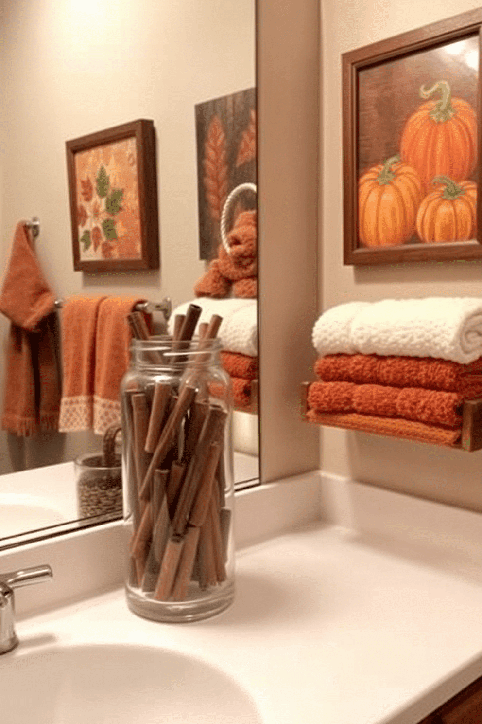 A cozy fall-inspired bathroom featuring a glass jar filled with cinnamon sticks as a centerpiece. The color palette includes warm earth tones with accents of deep orange and rustic brown throughout the decor. The walls are adorned with seasonal artwork depicting autumn leaves and pumpkins. Soft, plush towels in shades of cream and burnt orange are neatly arranged on a wooden shelf.