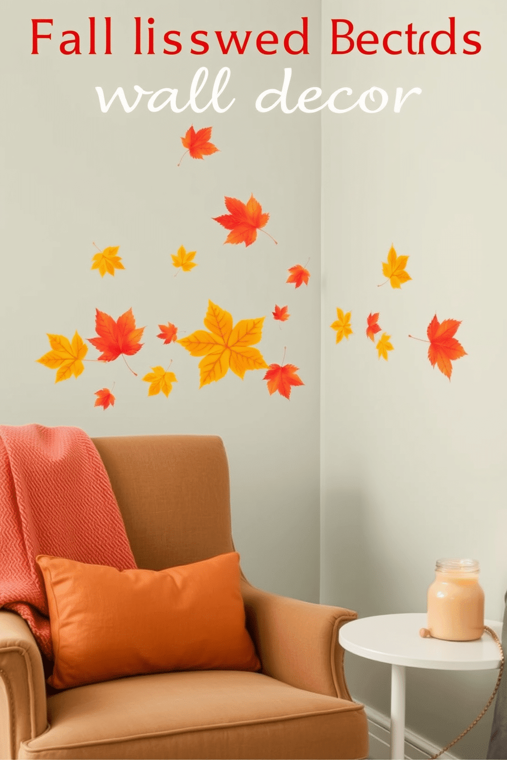 Fall inspired wall decals for easy decor. The decals feature vibrant autumn leaves in shades of orange, yellow, and red, creating a warm and inviting atmosphere. The wall behind a cozy reading nook is adorned with these decals, complemented by a plush armchair and a soft throw blanket. A small side table holds a pumpkin spice candle, enhancing the seasonal ambiance.
