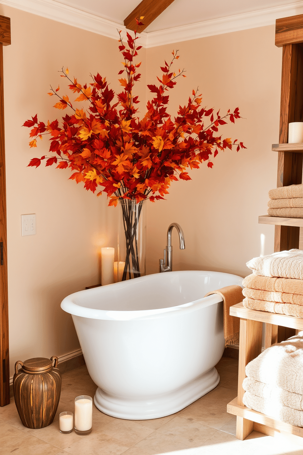 A cozy bathroom setting adorned with vibrant fall foliage in a vase that adds a splash of color. The warm tones of the leaves complement the soft beige walls and rustic wooden accents throughout the space. A freestanding bathtub sits elegantly in the center, surrounded by candles that create a serene atmosphere. Plush towels in earthy hues are neatly arranged on a nearby wooden shelf, enhancing the autumnal feel of the room.
