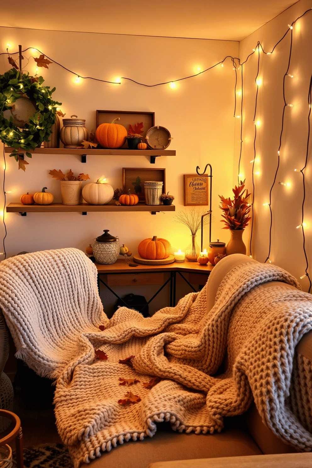 Create a cozy small space decorated for fall. String lights are draped along the walls, casting a warm and inviting glow throughout the room. Autumn-themed decor accents the space with pumpkins and leaves scattered on shelves and tables. Soft, textured blankets are artfully arranged on a plush sofa, enhancing the seasonal ambiance.