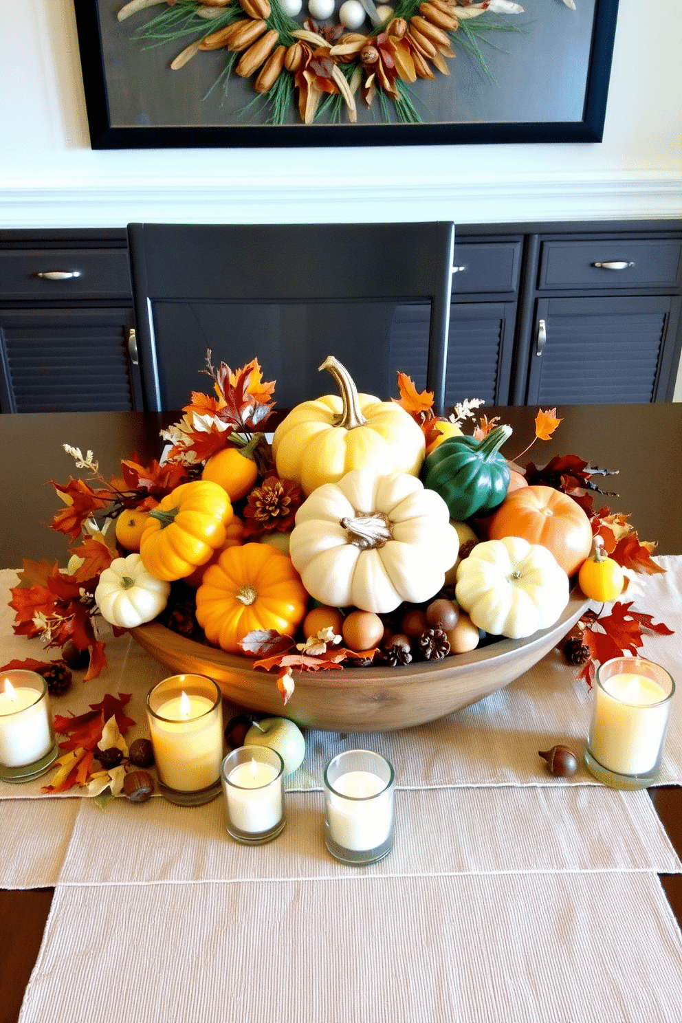 A harvest-themed table centerpiece features an assortment of seasonal fruits and vegetables such as pumpkins, gourds, and apples arranged in a rustic wooden bowl. Surrounding the centerpiece are small candles in varying heights to add warmth and ambiance to the table setting. Incorporate elements like autumn leaves and acorns to enhance the seasonal feel of the decor. Use a neutral table runner to provide a contrasting backdrop that highlights the vibrant colors of fall.