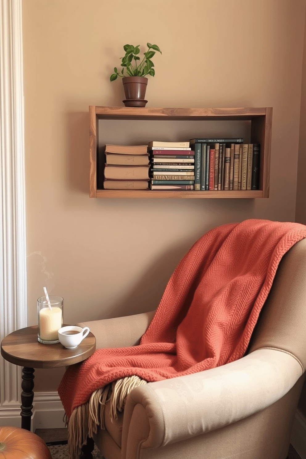 A cozy reading nook featuring vintage books stacked on a rustic wooden shelf. The decor includes a small potted plant and a warm throw blanket draped over a comfortable armchair. The walls are painted in soft earth tones, creating a warm and inviting atmosphere. A small side table holds a steaming cup of tea, enhancing the charm of this fall-inspired space.
