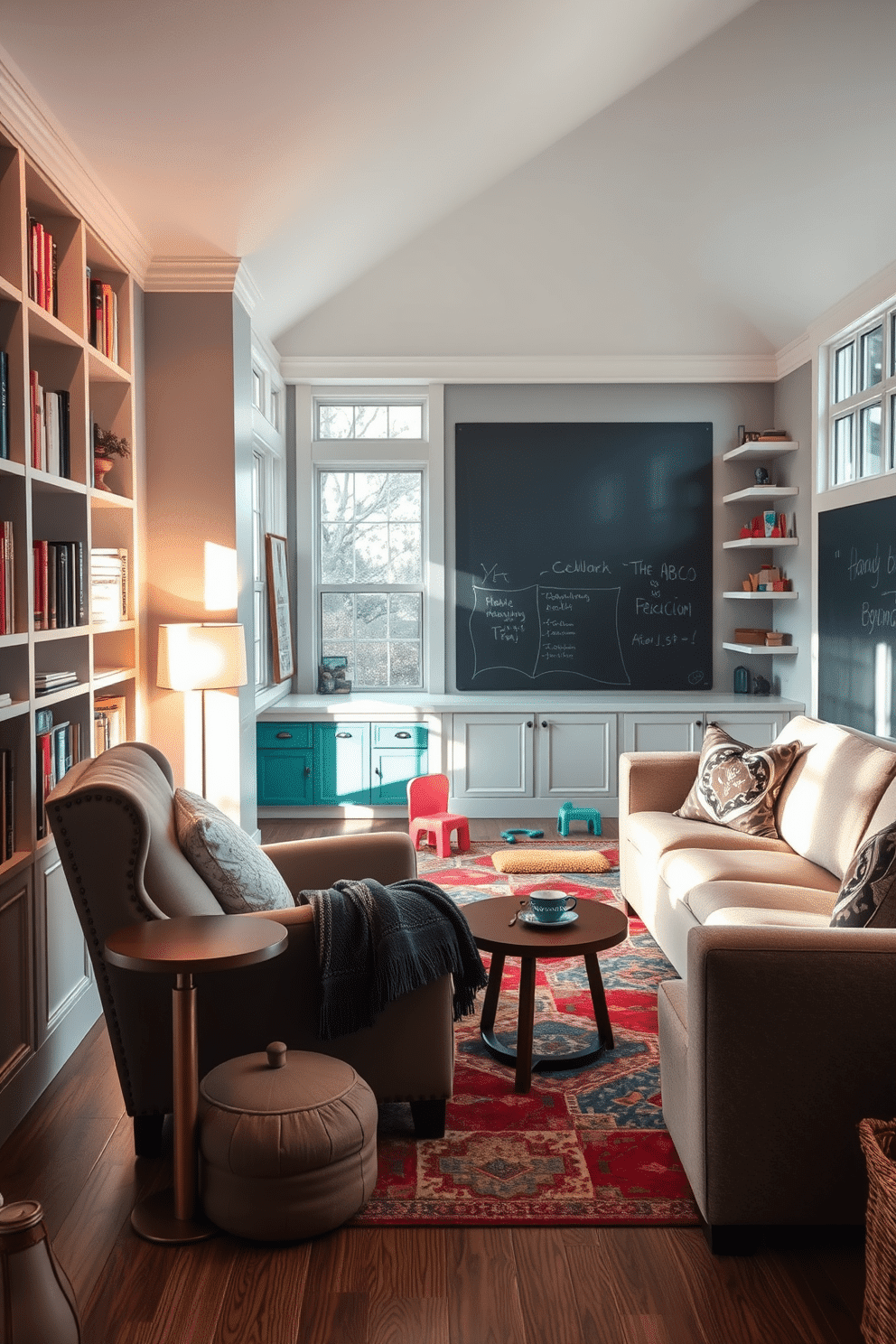 Cozy reading nook with built-in shelves. A plush armchair is nestled in the corner, surrounded by tall built-in shelves filled with books and decorative items. Soft, warm lighting casts a gentle glow, creating an inviting atmosphere. A small side table holds a steaming cup of tea and a cozy blanket draped over the armchair. Family room playroom design ideas. The space features a large, comfortable sectional sofa facing a vibrant play area with colorful rugs and soft cushions. Wall-mounted shelves display toys and games, while a chalkboard wall provides a creative outlet for kids. Large windows allow natural light to flood the room, enhancing the playful and relaxed vibe.