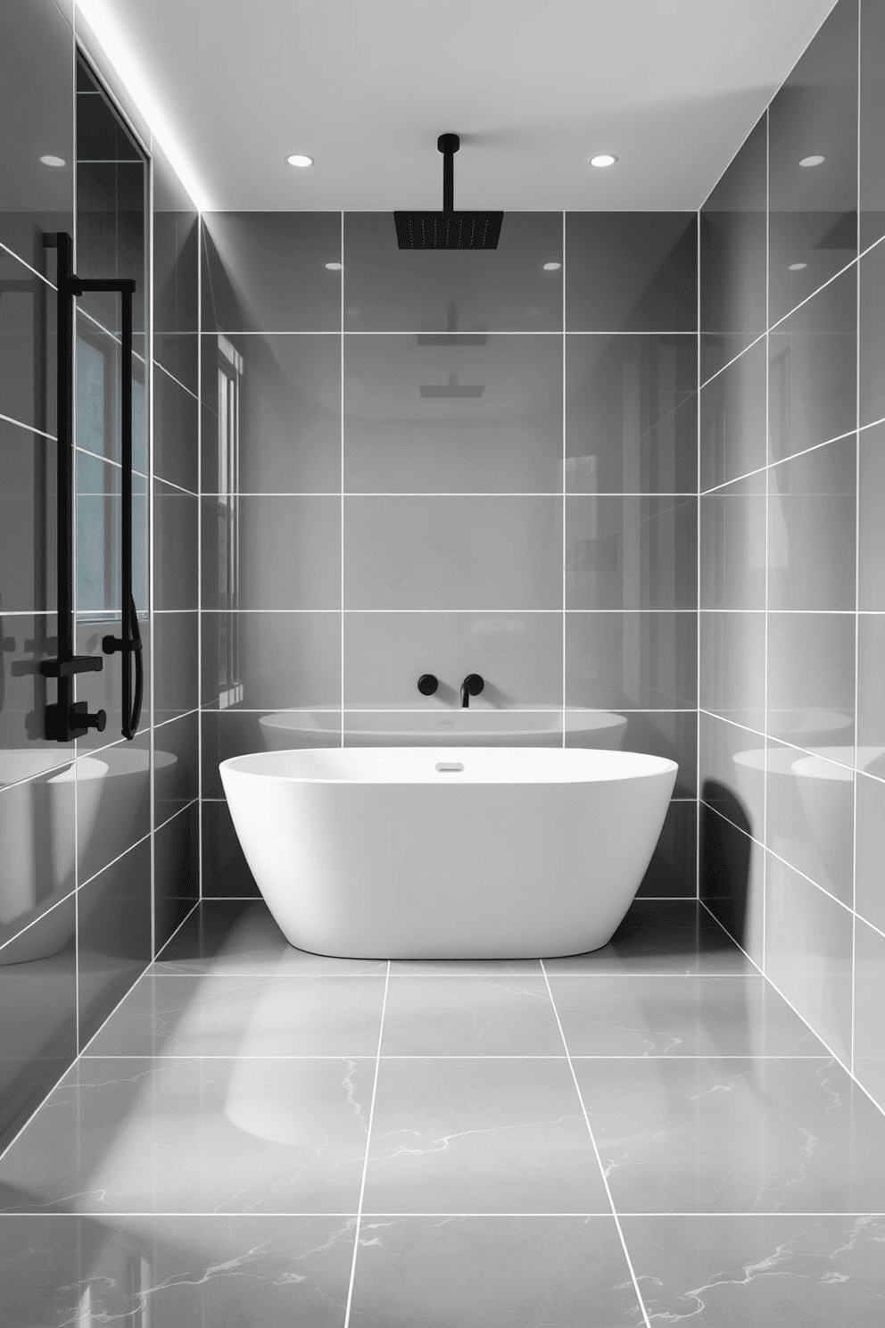 A sleek gray bathroom featuring glossy gray tiles with contrasting white grout that highlights the clean lines of the space. The tiles extend from the floor to the ceiling, creating a polished, modern aesthetic with a subtle reflective finish. A freestanding white bathtub sits in the center, surrounded by the shimmering tile, adding an element of luxury. Matte black fixtures, including a rainfall showerhead and faucet, contrast the glossy gray and add depth to the contemporary design.
