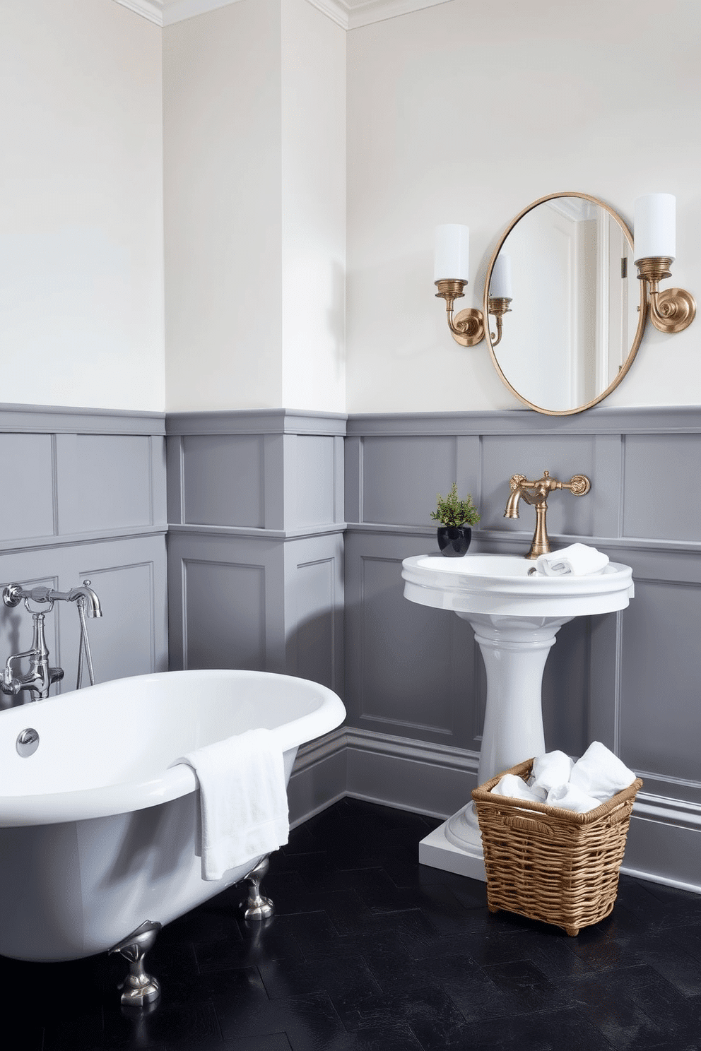A chic bathroom featuring gray wainscoting on the lower half of the walls, paired with crisp white paint above for a classic two-tone effect. A freestanding white clawfoot tub sits against one wall, complemented by a polished nickel floor-mounted faucet and a black herringbone-patterned tile floor. An elegant pedestal sink with antique-style fixtures is placed beneath a round mirror framed in brushed metal. Soft lighting from wall sconces adds warmth, while a woven basket filled with plush white towels and a small potted plant provide texture and charm.