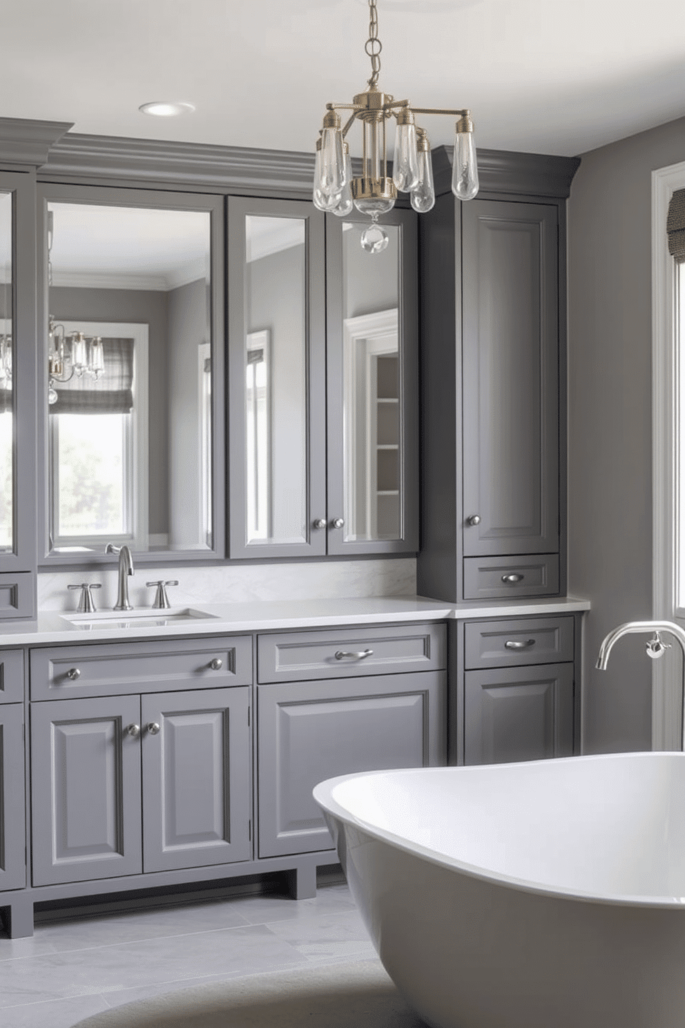 A serene bathroom design featuring ashy gray cabinetry with elegant mirrored panels, reflecting light to enhance the sense of space. The cabinetry is paired with a sleek white quartz countertop, while subtle silver hardware adds a touch of understated luxury. Soft gray walls complement the cabinetry, creating a harmonious monochromatic palette. A statement light fixture with glass accents hangs overhead, and a modern freestanding bathtub sits nearby to complete the tranquil atmosphere.
