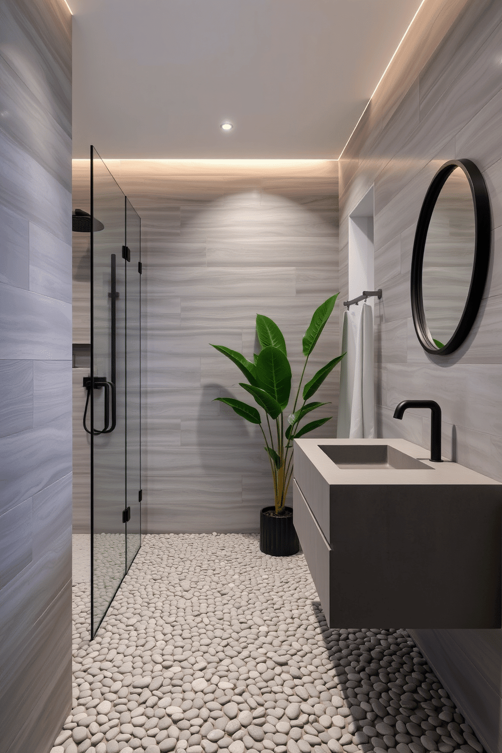 A serene bathroom design with pebbled gray flooring that evokes a natural, spa-like ambiance. The walls are adorned with soft gray tiles, complemented by sleek black fixtures and a frameless glass shower enclosure. A floating vanity with a concrete-style finish adds a modern touch, accompanied by a round mirror with a matte black frame. Soft accent lighting casts a warm glow, while leafy green plants bring a pop of freshness to the muted gray palette.