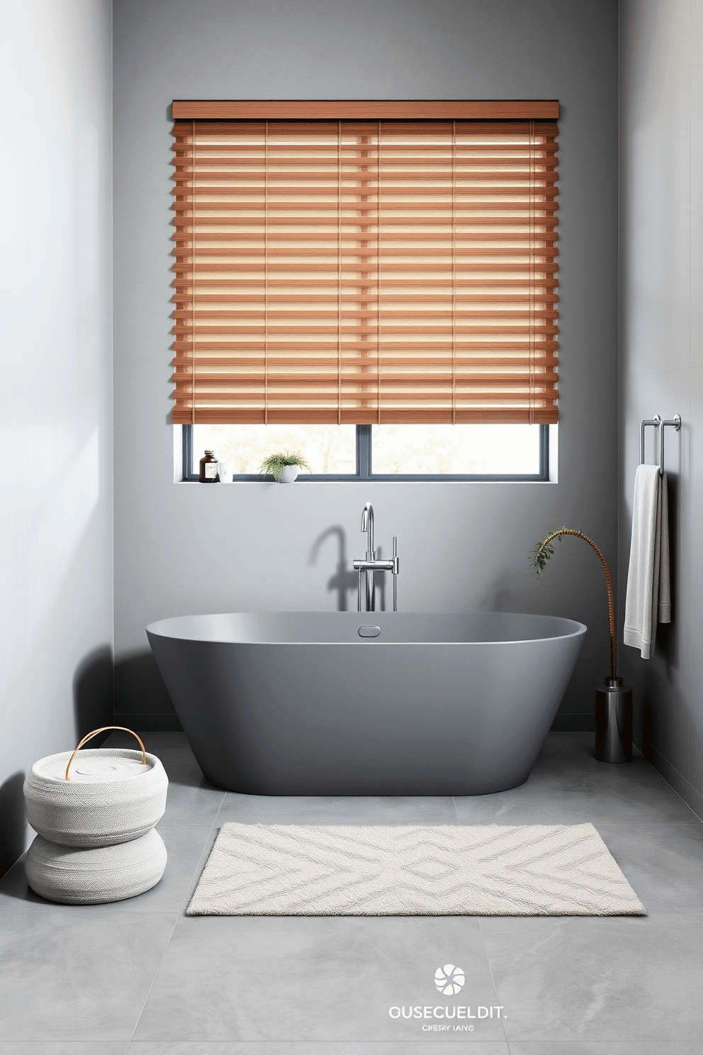 A contemporary bathroom designed with sophistication and balance. At the center of the space, a sleek gray freestanding bathtub with a matte finish is complemented by minimalist chrome fixtures, creating a serene focal point. Surrounding the tub, soft gray walls with subtle texture pair harmoniously with large-format concrete-look tiles on the floor. Gentle light filters through slatted wooden blinds, while carefully selected decor pieces, such as a ceramic stool and a plush neutral rug, enhance the tranquil ambiance.