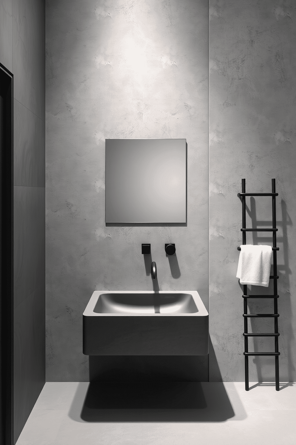 A modern bathroom design with concrete-inspired gray walls, creating a sleek and minimalist backdrop. The focal point is a matching concrete sink with clean lines, blending seamlessly into the overall aesthetic. The space is warmed with matte black fixtures and accents, including a tall, freestanding towel rack beside the sink. Soft lighting casts gentle shadows on the textured walls, emphasizing their industrial-chic appeal.