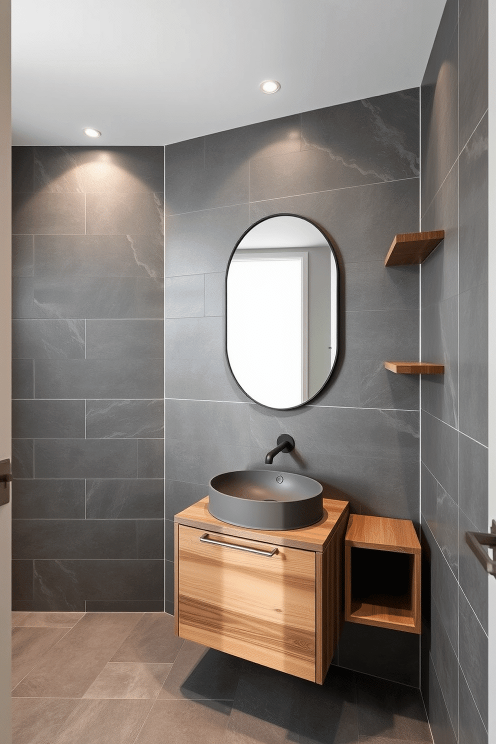 A serene bathroom with sleek gray tiles covering the walls and floor, contrasted by the warmth of a natural wood vanity. Soft, recessed lighting emphasizes the textural contrast, casting a cozy yet modern ambiance. A large oval mirror with a black metal frame hangs above the vanity, reflecting the subtle sheen of the tiled surface. Matte black fixtures, paired with minimalist wooden shelving, enhance the space’s clean, contemporary aesthetic.