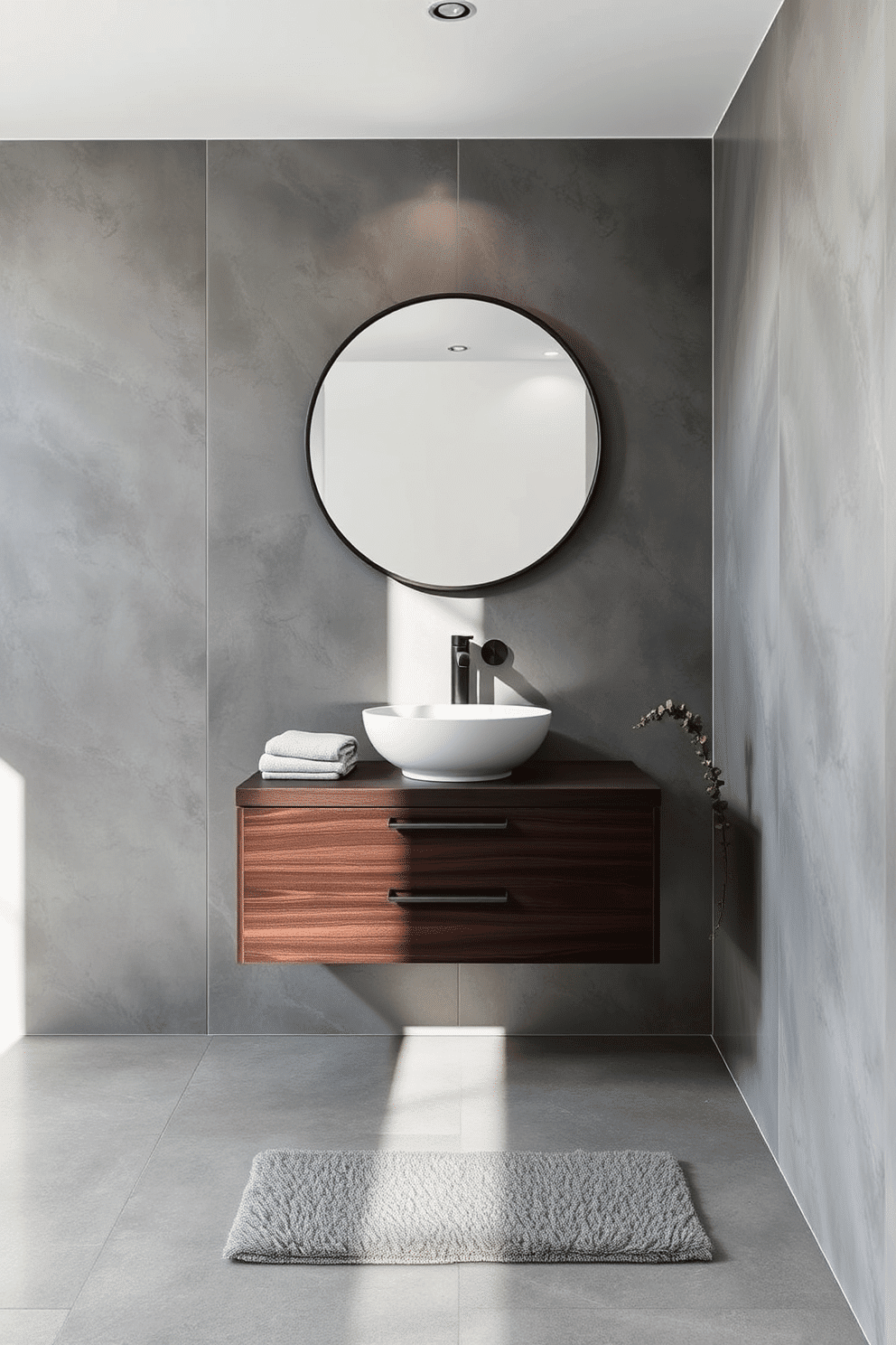 A contemporary bathroom with smooth gray stone walls and a polished concrete floor, creating a sleek and modern aesthetic. A floating vanity in dark wood contrasts beautifully with the gray tones, topped with a white vessel sink and a wall-mounted black matte faucet. An oversized round mirror with a thin metal frame reflects soft ambient lighting, enhancing the minimalist design. Neutral textiles, such as a folded gray towel and a plush bath mat, add subtle warmth, while a small trailing green plant brings a touch of nature to the space.