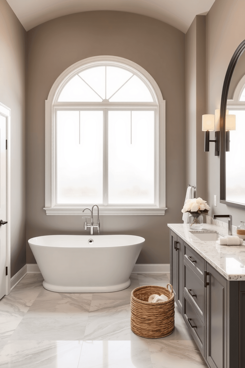 A serene bathroom oasis featuring taupe gray walls that evoke soft warmth and a timeless feel. A freestanding white soaking tub is centered under a large frosted window, complemented by brushed nickel fixtures and a sleek gray marble floor. To the right of the room, a floating taupe gray vanity with a quartz countertop is paired with an oversized arched mirror framed in matte black. Matte black sconces with frosted glass shades add ambient lighting, while a woven basket filled with plush white towels sits neatly in the corner.