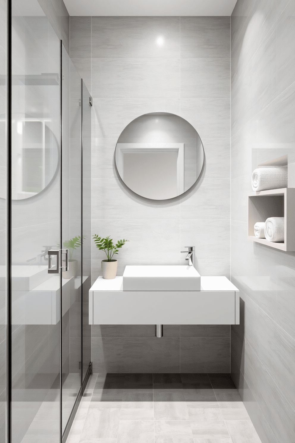 A contemporary bathroom design with light gray porcelain tiles covering both the walls and floor for a seamless and modern look. A floating vanity in matte white with a rectangular sink adds to the clean lines, complemented by a frameless glass shower enclosure to enhance openness. Above the vanity, a frameless round mirror reflects soft LED lighting, creating a calm ambiance. Accents include brushed nickel fixtures, a small potted plant for freshness, and rolled white towels neatly placed on open shelving.