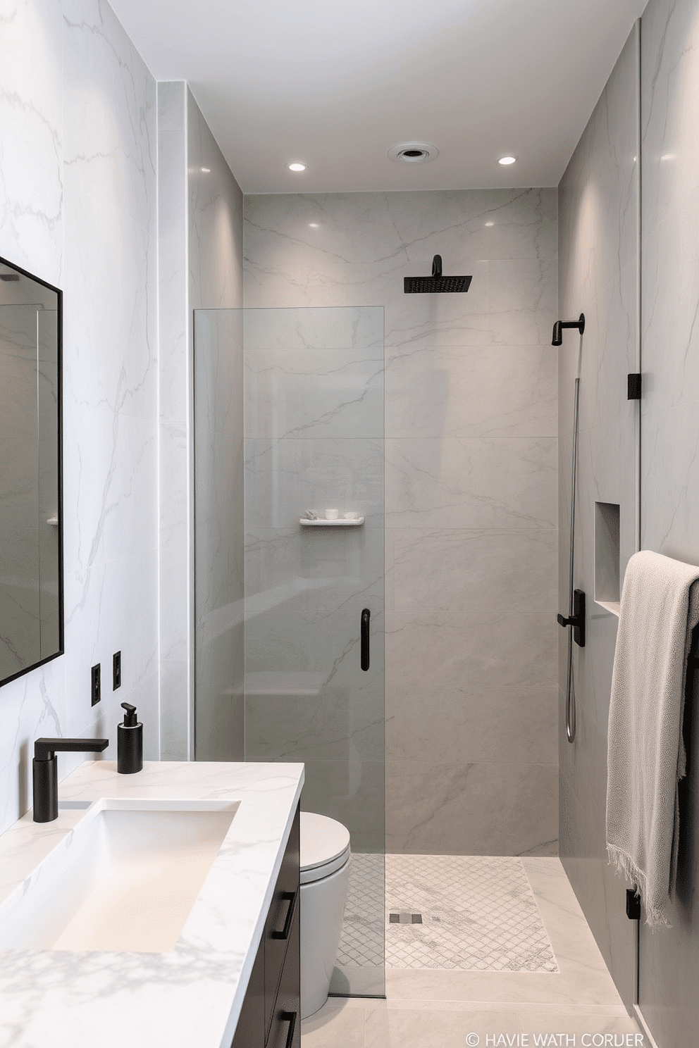 A luxurious bathroom with gray-veined quartz taking center stage. The sleek vanity is topped with the quartz countertop, paired with matte black hardware and a frameless mirror for a minimalist yet upscale aesthetic. The shower area features seamless gray quartz slabs extending wall-to-wall, complemented by a rainfall showerhead. Soft recessed lighting highlights the natural veining, while plush towels in muted tones elevate the spa-like ambiance.