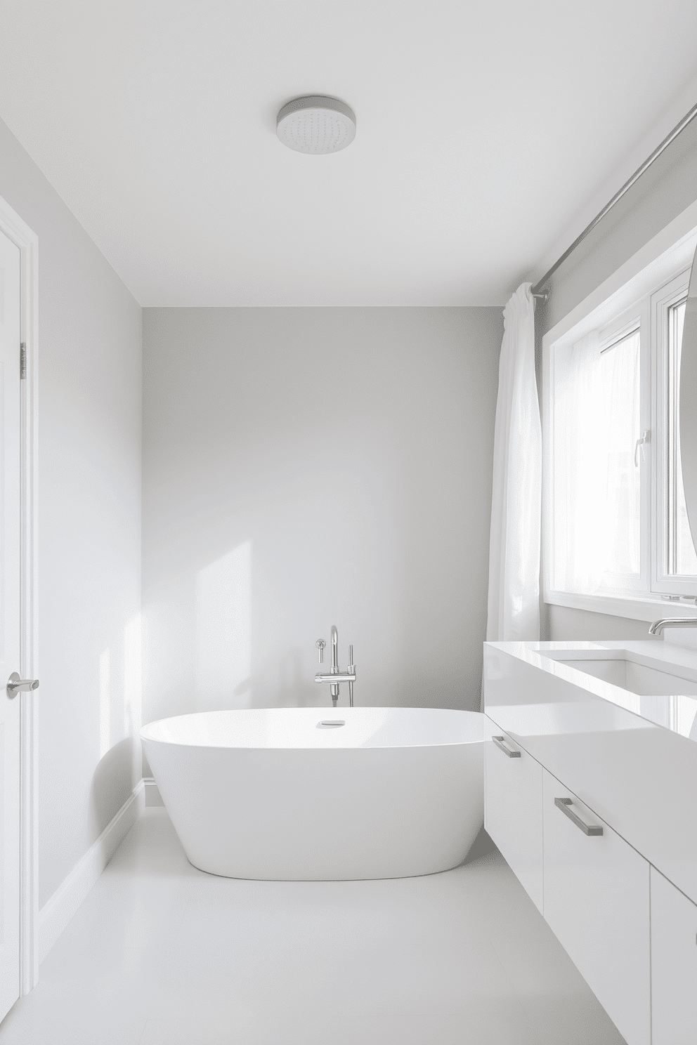 A serene bathroom design with pale gray walls that offer a soft, calming backdrop. White fixtures, including a sleek freestanding bathtub and a modern floating vanity, create a crisp and timeless aesthetic. Natural light streams through a large window, accentuated by sheer white curtains for privacy. Subtle chrome accents, such as a rain showerhead and faucet handles, add a touch of elegance against the muted gray palette.