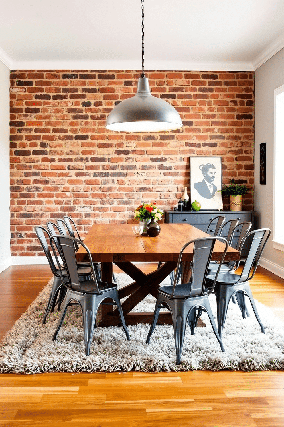 A contemporary dining room featuring industrial-style gray metal dining chairs around a reclaimed wood table. The walls are painted in a soft white, complemented by an exposed brick accent wall that adds warmth and texture to the space. A large pendant light hangs above the table, casting a warm glow over the dining area. The floor is adorned with a plush, neutral-toned area rug that adds comfort and contrast to the industrial elements.