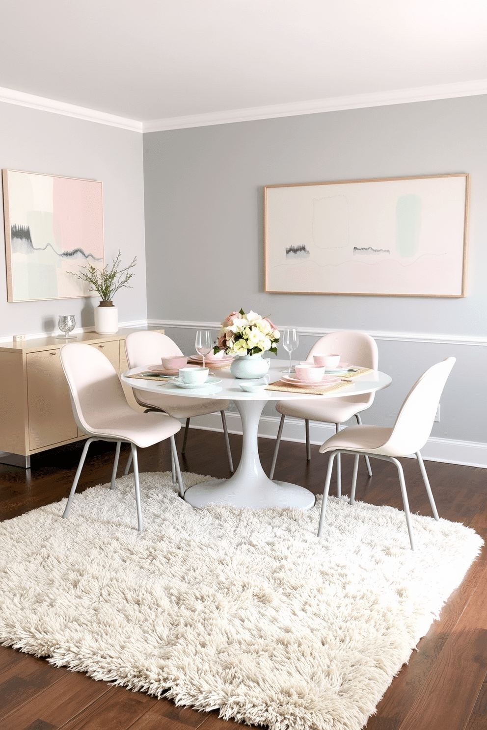 A bright dining room featuring pastel decor against a soft gray backdrop. The table is set with light pink and mint green tableware, complemented by a floral centerpiece and pastel-colored chairs. The walls are adorned with abstract art in subtle pastel hues, creating a harmonious balance with the gray tones. A plush area rug in light beige anchors the space, adding warmth and texture to the overall design.