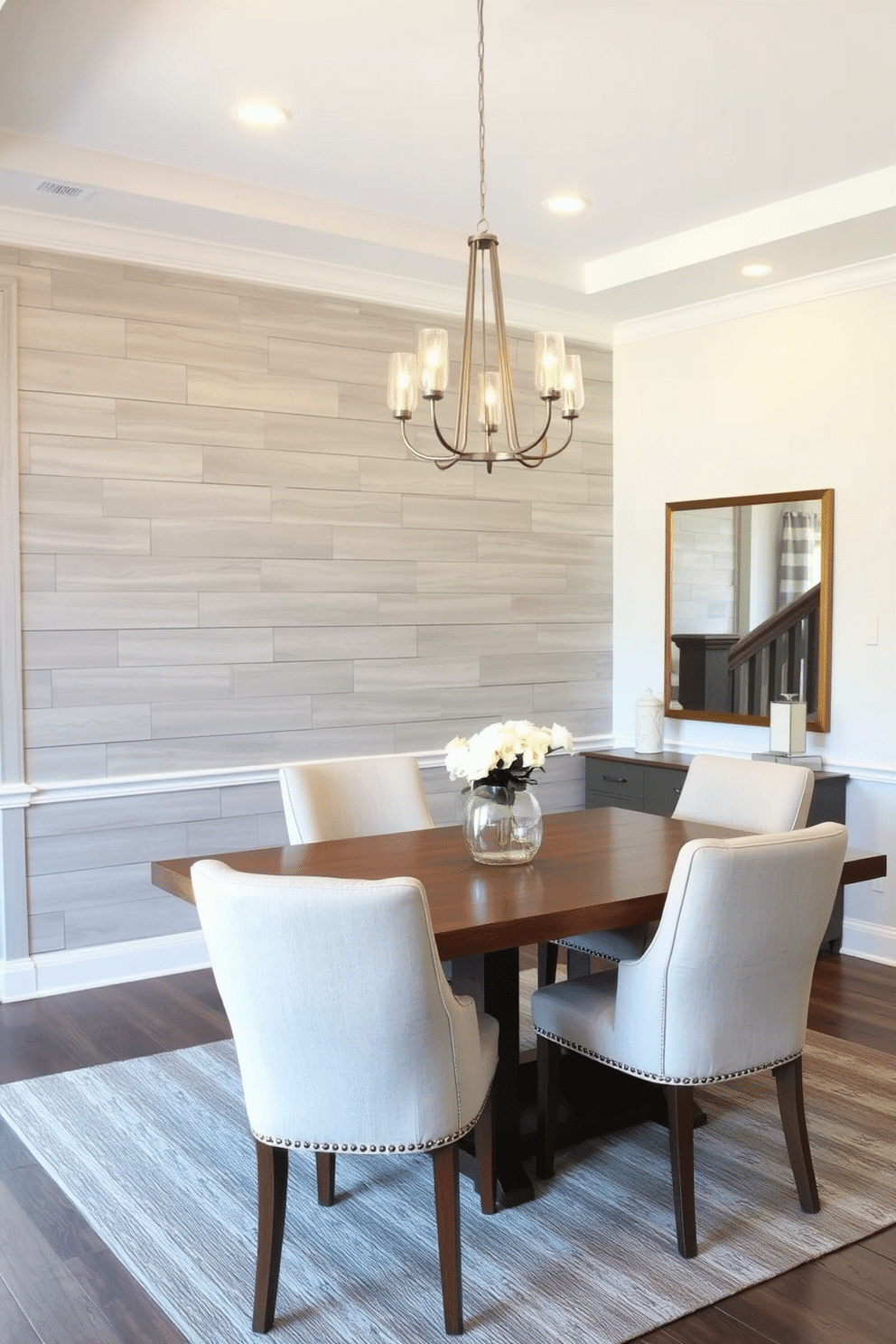 A stylish dining room featuring an accent wall adorned with gray shiplap, adding texture and warmth to the space. The room is elegantly furnished with a modern wooden dining table surrounded by upholstered chairs in soft neutrals, complemented by a chic chandelier overhead.