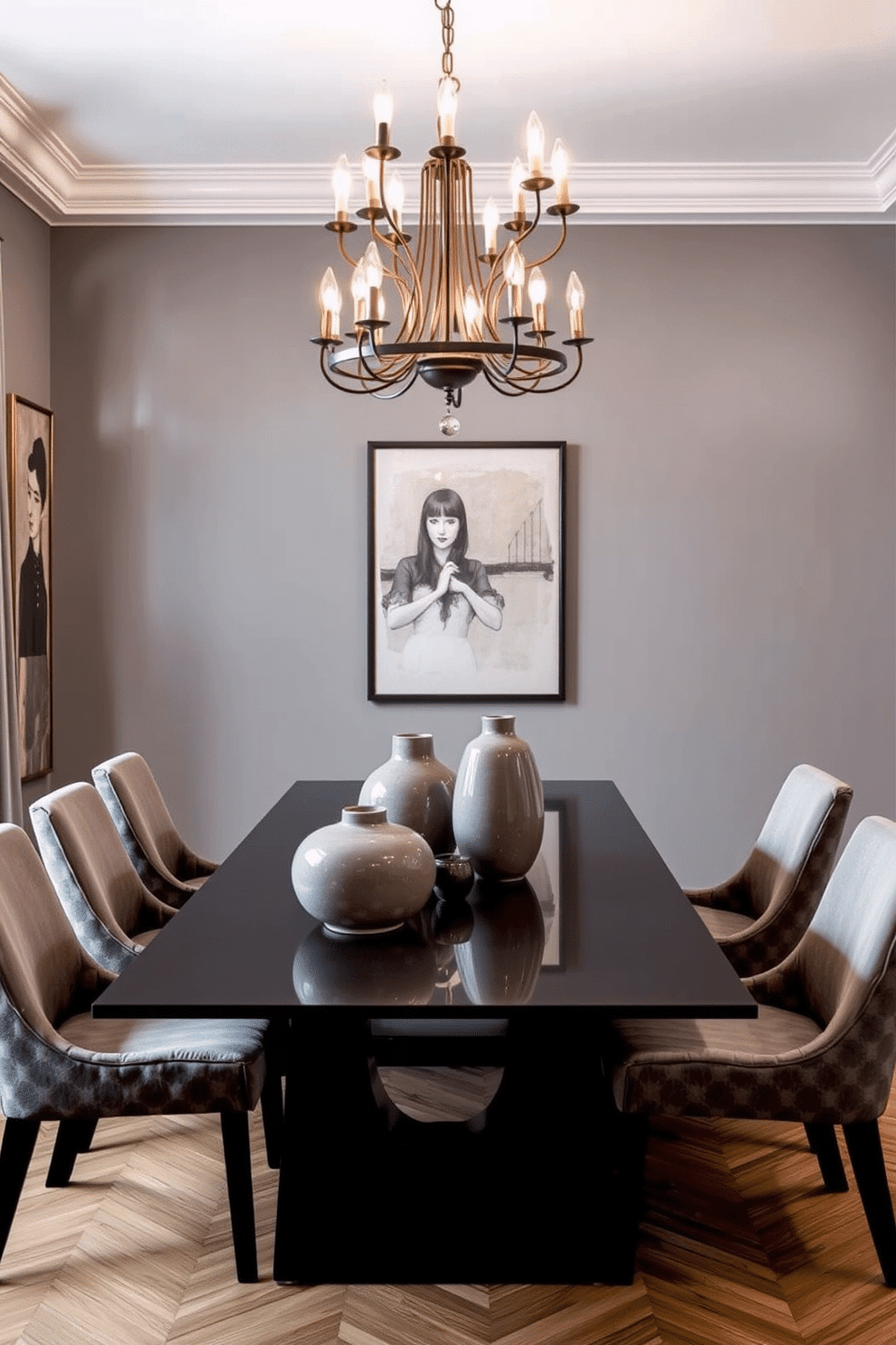 Artistic gray ceramic centerpieces elegantly adorn a sleek, modern dining table, enhancing the overall sophistication of the space. The table is surrounded by plush gray upholstered chairs, creating a harmonious and inviting atmosphere. The walls are painted in a soft, muted gray, complemented by subtle artwork that adds depth and character to the room. A statement chandelier with warm lighting hangs above, casting a cozy glow over the dining area, perfect for intimate gatherings.