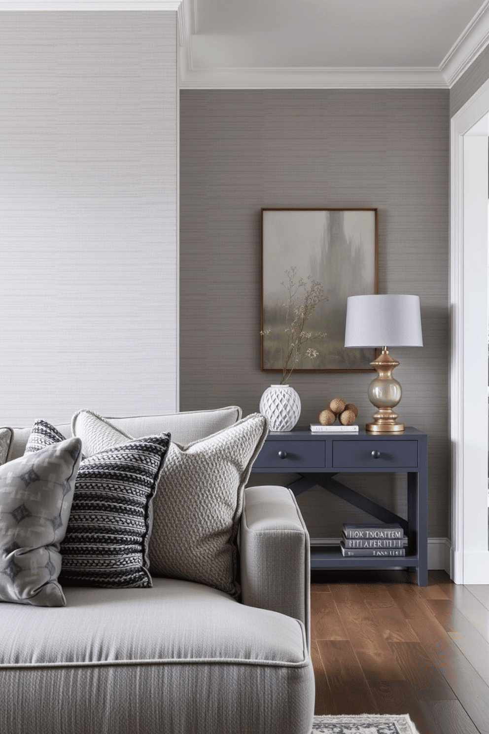 Textured gray throw pillows are artfully arranged on a plush sofa, creating a cozy yet stylish seating area. The pillows feature various patterns and fabrics, adding depth and interest to the overall design. In the foyer, a sleek gray console table stands against the wall, topped with decorative elements like a sculptural vase and a stylish lamp. The walls are adorned with subtle gray wallpaper, enhancing the sophisticated ambiance of the entryway.