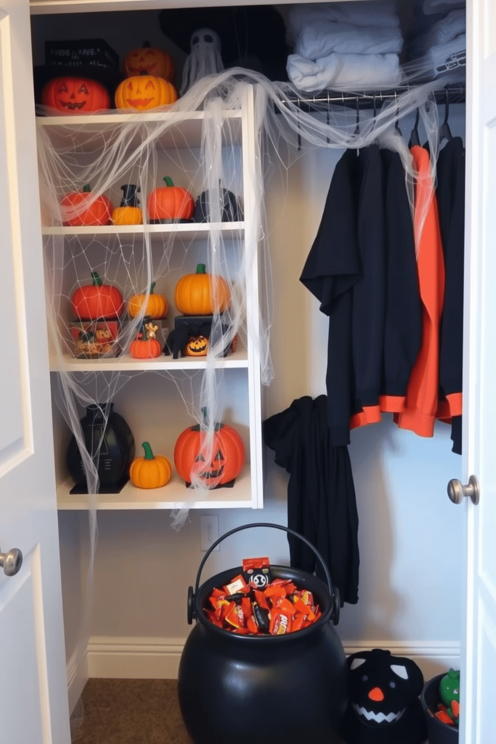 A cozy Halloween closet filled with seasonal decorations. The shelves are adorned with faux spider webs draping over colorful pumpkins and spooky figurines. Hanging from the closet rod are black and orange garments, adding a festive touch. A small cauldron sits on the floor, filled with candy for trick-or-treaters.