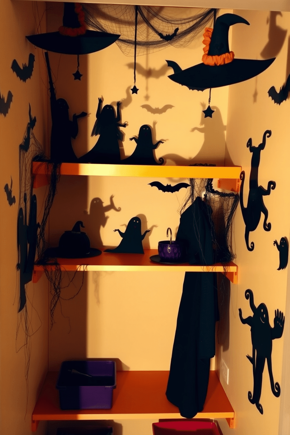 A Halloween closet is filled with spooky silhouettes cut from black paper, casting eerie shadows against the walls. Shelves are adorned with ghostly figures and cobwebs, creating a haunting atmosphere perfect for the season. The closet features a mix of vibrant orange and deep purple accents, enhancing the Halloween theme. Hanging bats and witches hats dangle from the ceiling, adding to the festive decor.