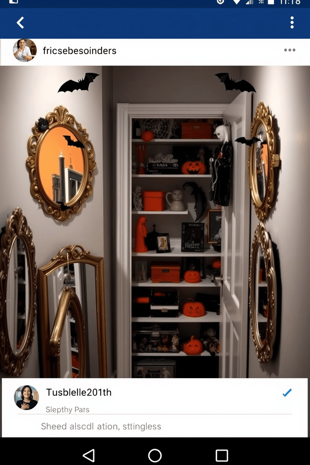 A collection of decorative mirrors arranged in a dimly lit hallway. Each mirror features intricate frames adorned with cobwebs and bats, creating an eerie reflection that enhances the spooky atmosphere. A closet transformed for Halloween with themed decor. Shelves are filled with orange and black accessories, including ghostly figures and pumpkin decorations, while a spooky wreath hangs on the door.