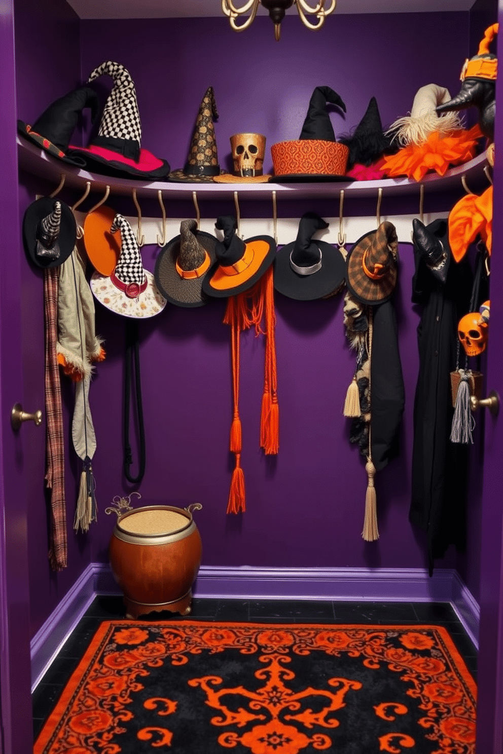A whimsical Halloween closet featuring an array of witch hats displayed on elegant coat hooks. The walls are painted in a deep purple hue, and the floor is adorned with a vintage black and orange rug, creating a festive atmosphere.